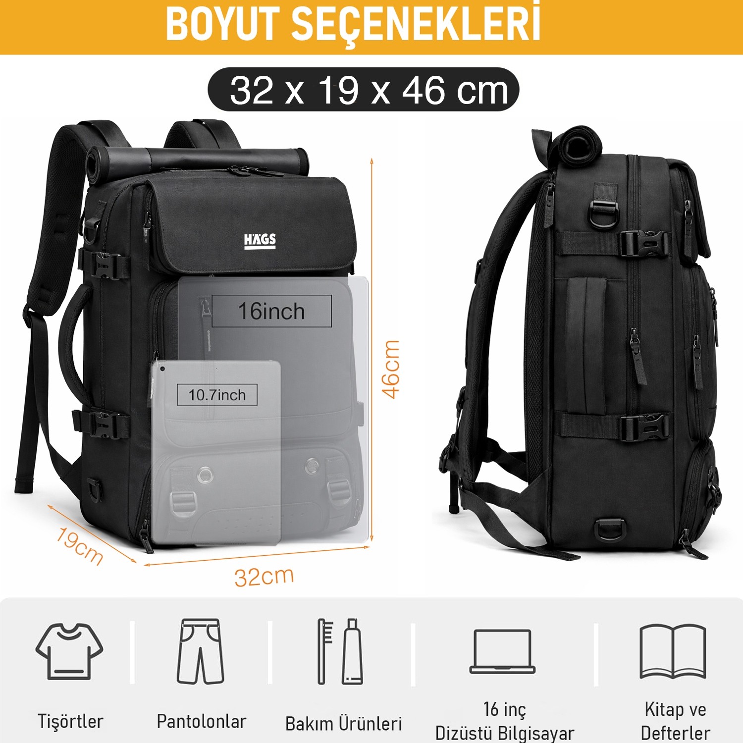 Haegs Seyahat Sırt Çantası, 3in1 Dönüştürülebilir, Multi Cepli Organizer Sırt ve El Çantası, Gri görsel 3