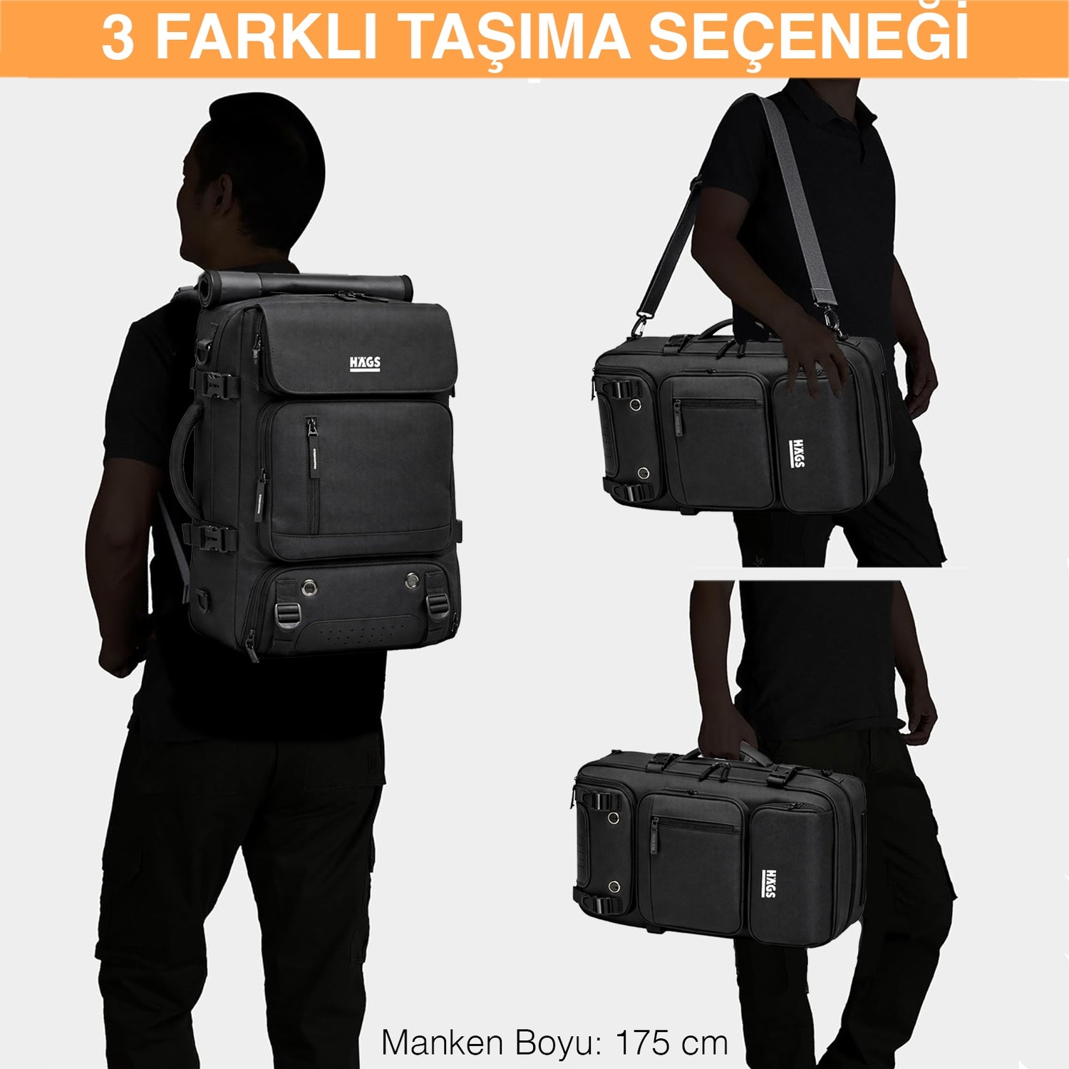 Haegs Seyahat Sırt Çantası, 3in1 Dönüştürülebilir, Multi Cepli Organizer Sırt ve El Çantası, Gri görsel 6