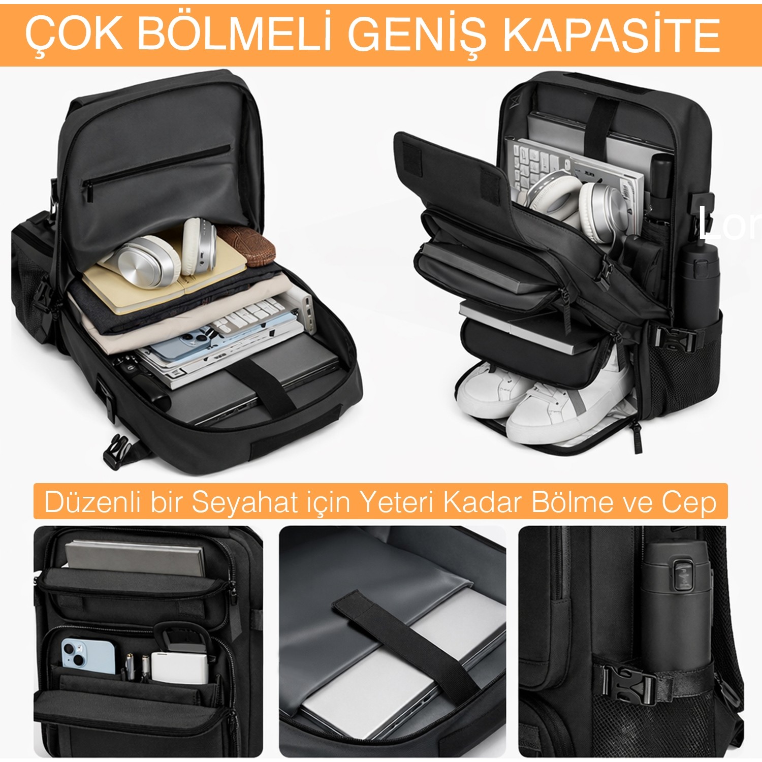 Haegs Seyahat Sırt Çantası, 3in1 Dönüştürülebilir, Multi Cepli Organizer Sırt ve El Çantası, Gri görsel 7