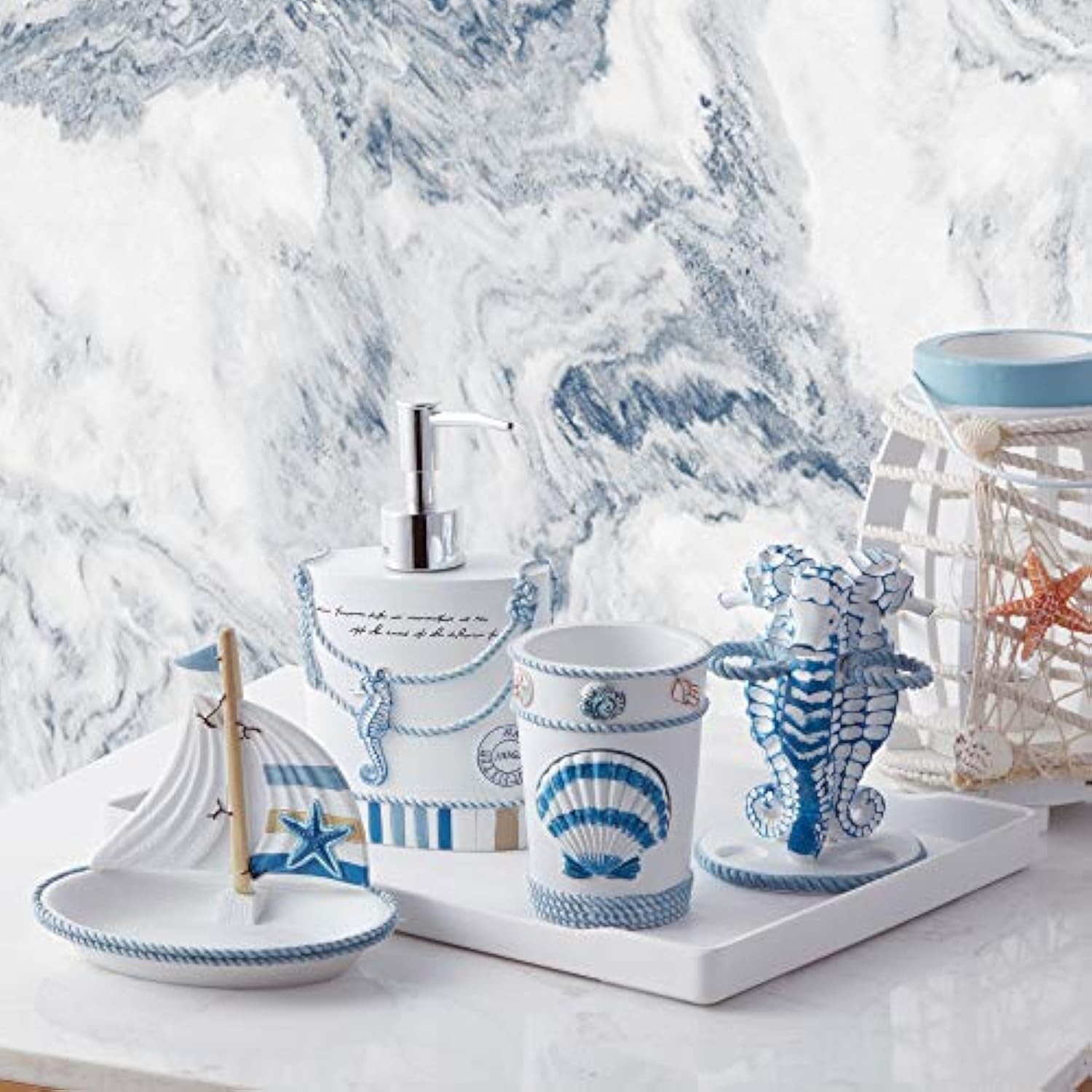 Dekoratif Güzel Tasarımlar Banyo Dekoru, Reçine, Plaj Yaşamı, 4 Parça Set