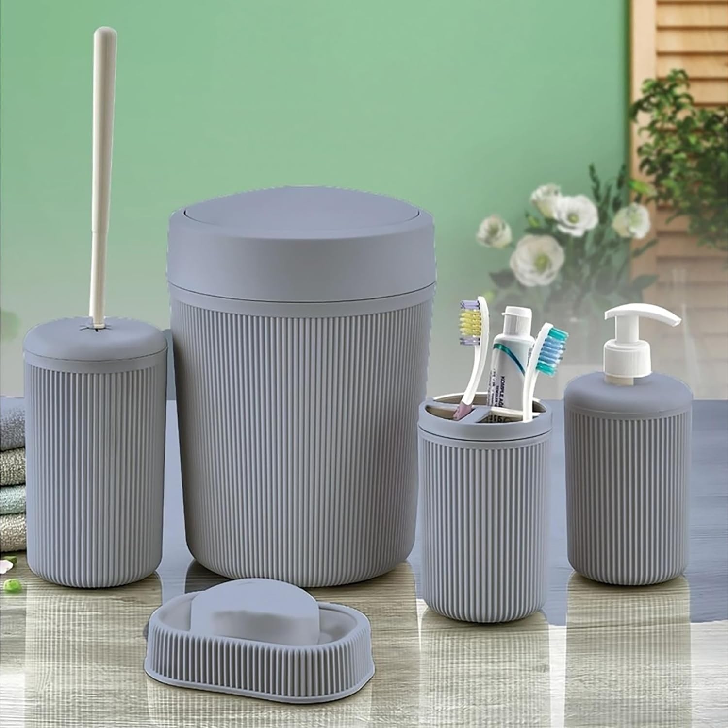 Prime Banyo Seti, Çöp Kovası, Sıvı Sabunluk, Diş Fırçalık, Sabunluk ve Tuvalet Fırçası, 5 Parça (Gri) görsel 2