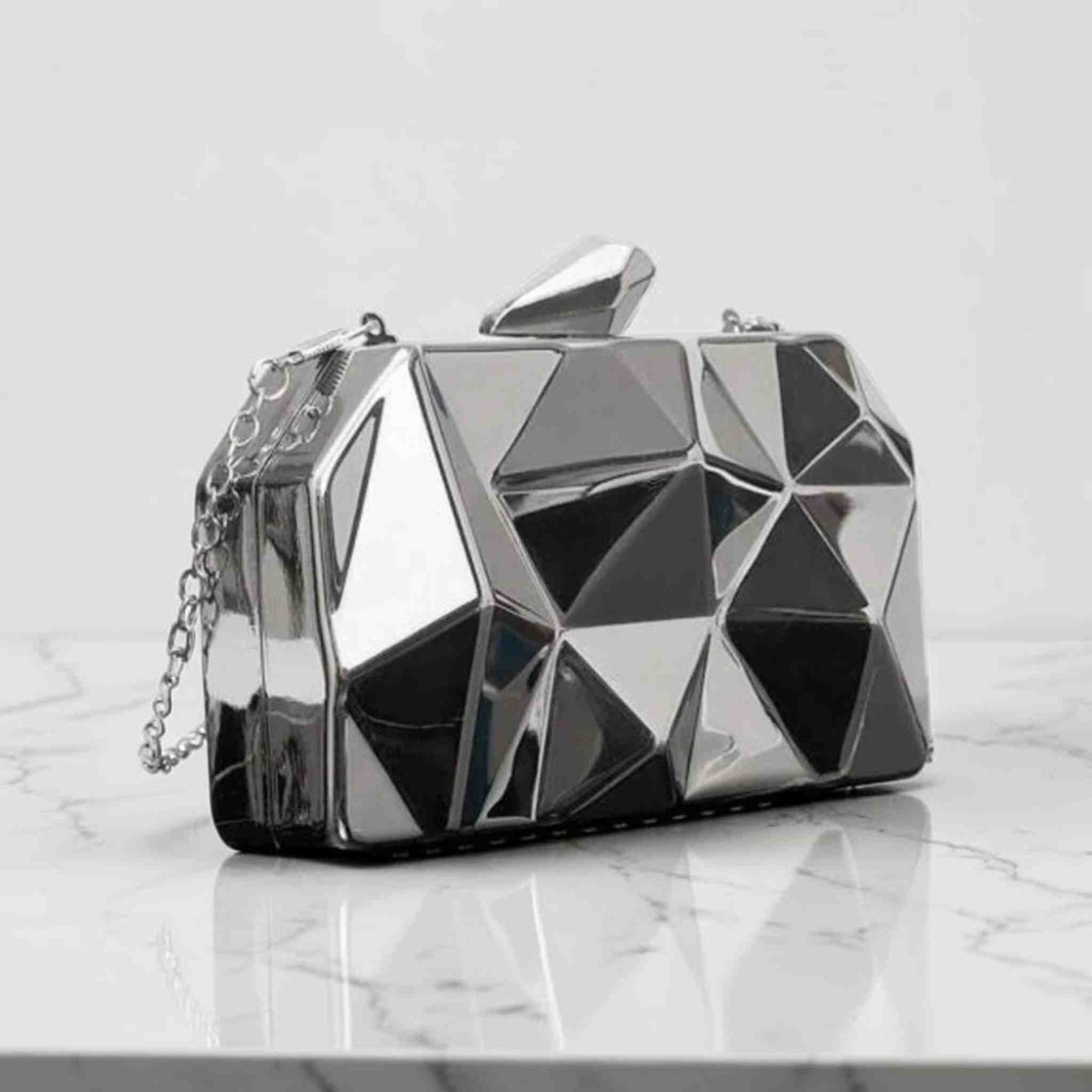 Boutique Kadın Metalik Prizma Model Geometrik Abiye Çanta Nişan Düğün Zincirli Clutch görsel 2