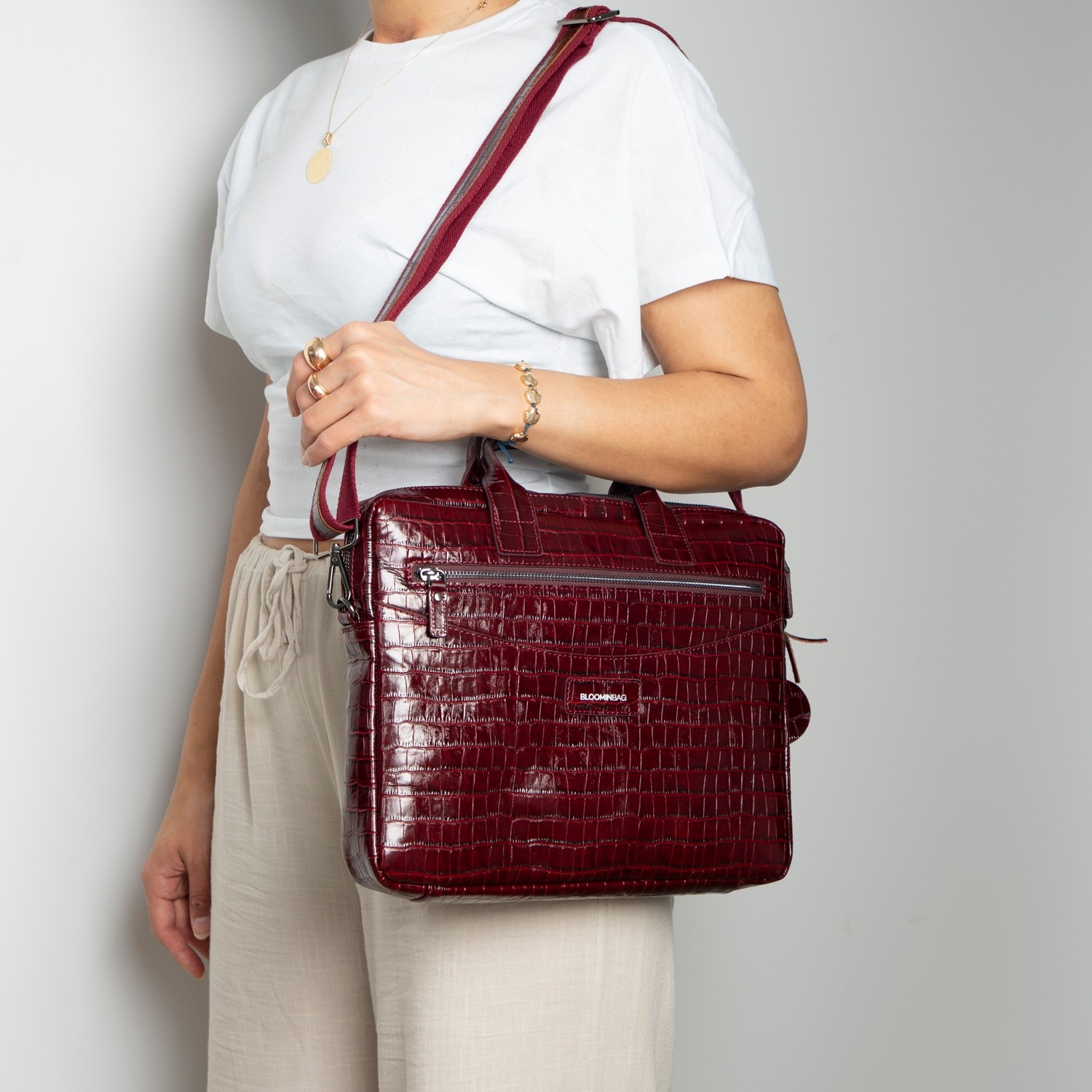 BloominBag Burgundy Croco Hakiki Deri 15-16 Inç Macbook/laptop Çantası görsel 8