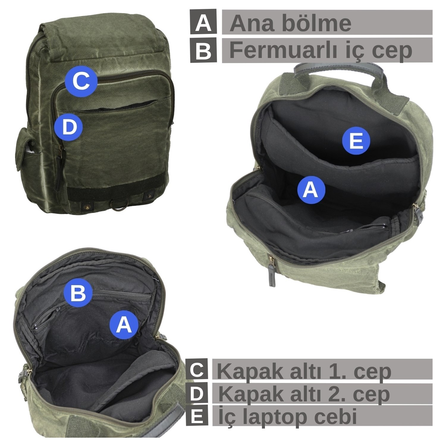 Cappadocia Vintage Celsus 4013 Vintage Kanvas Sırt Çantası, 15,6 Inç Laptop Bölmeli, Çok Cepli Seyahat ve Günlük Kullanım Çantası görsel 5