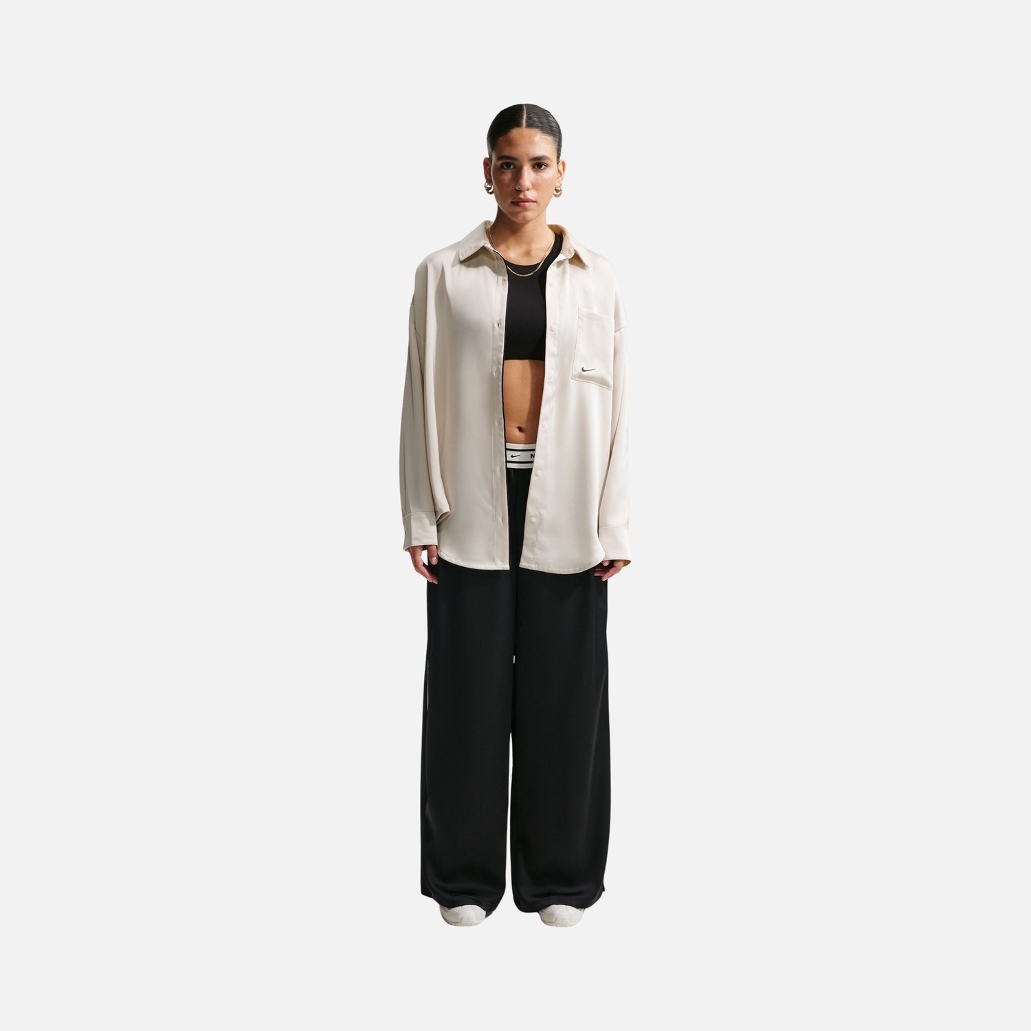 Nike Kadın Bej Sportswear Oversize Saten Uzun Kollu Gömlek Üst | IM0575-072