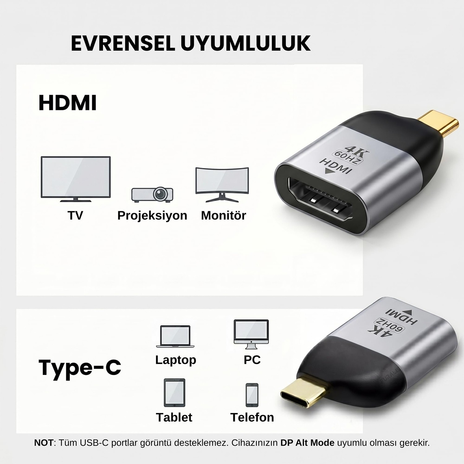Aesco Furalis Type-C To HDMI 2.0 Çevirici Mini Adaptör - 4k'ya Kadar Destek - Usb-C'den HDMI Görüntü Dönüştürücü - Alüminyum Gövde - Laptop Tablet Telefon Uyumlu - Tak Çalıştır görsel 3