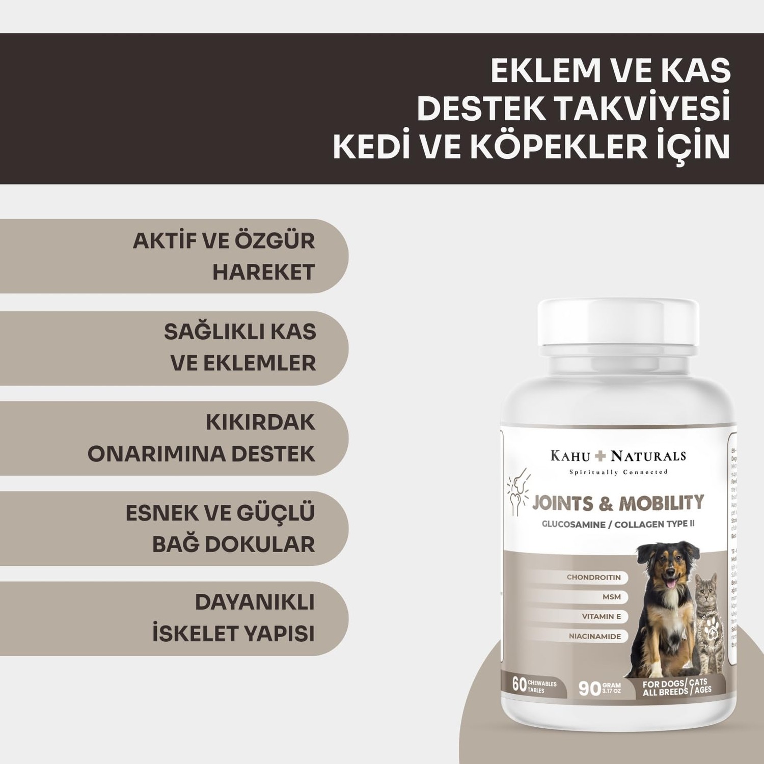 Aesco Kahu Naturals Joints&mobility, Glukozamin, Kondritin, Kolajen, Kedi ve Köpek, 60 Tablet görsel 2