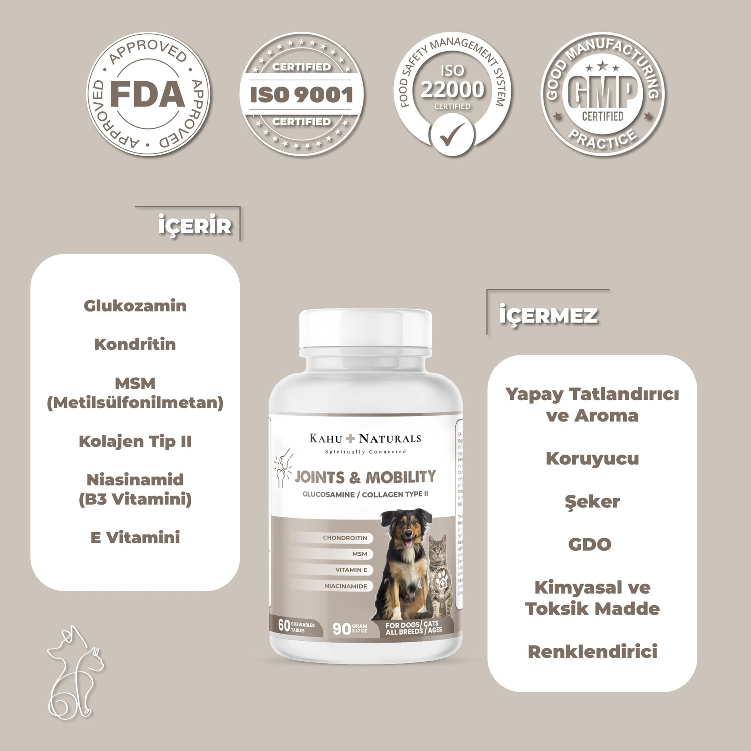 Aesco Kahu Naturals Joints&mobility, Glukozamin, Kondritin, Kolajen, Kedi ve Köpek, 60 Tablet görsel 4
