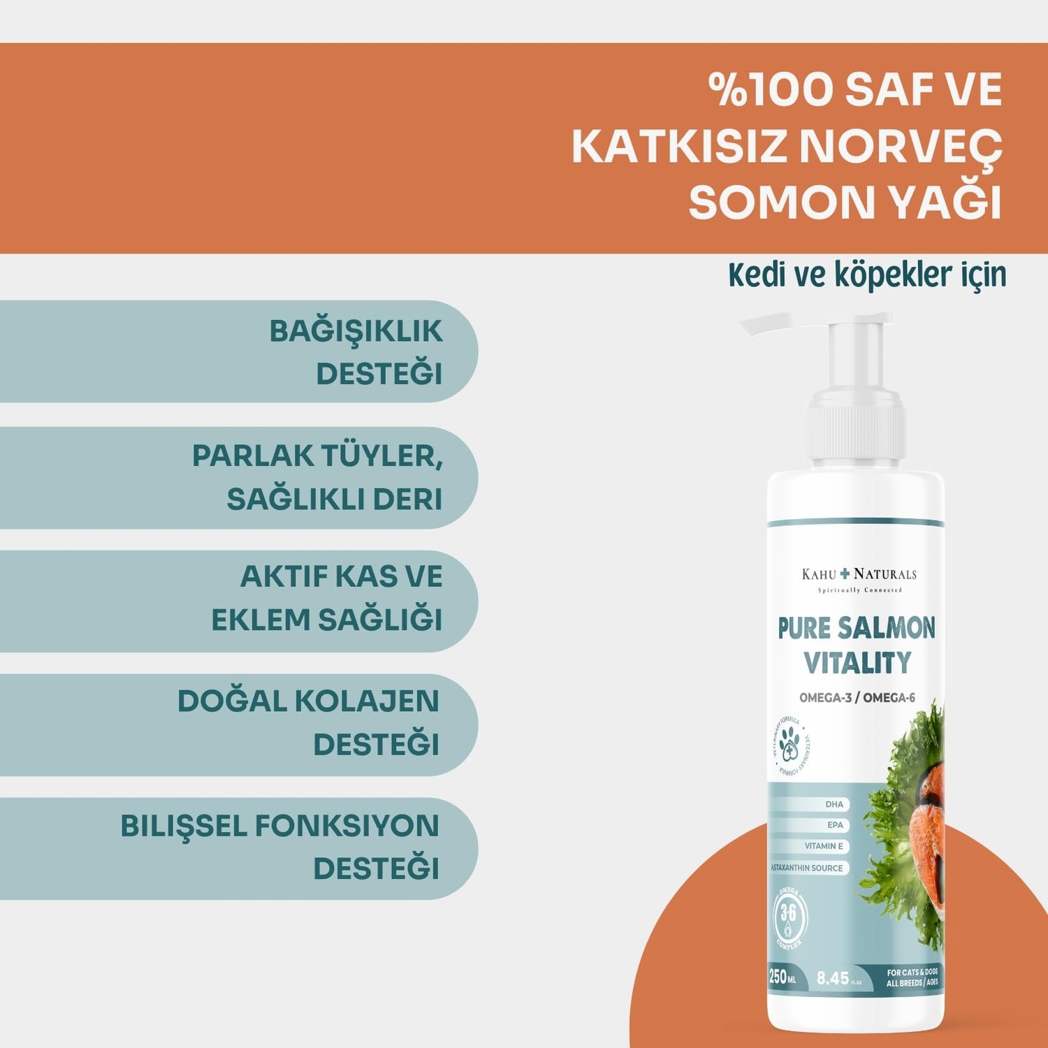 Aesco Kahu Naturals Pure Salmon VITALITY%100 Doğal Norveç Somon Yağı, Omega 3 ve 6, E Vitamini, Kedi ve Köpek, 250 ml görsel 2