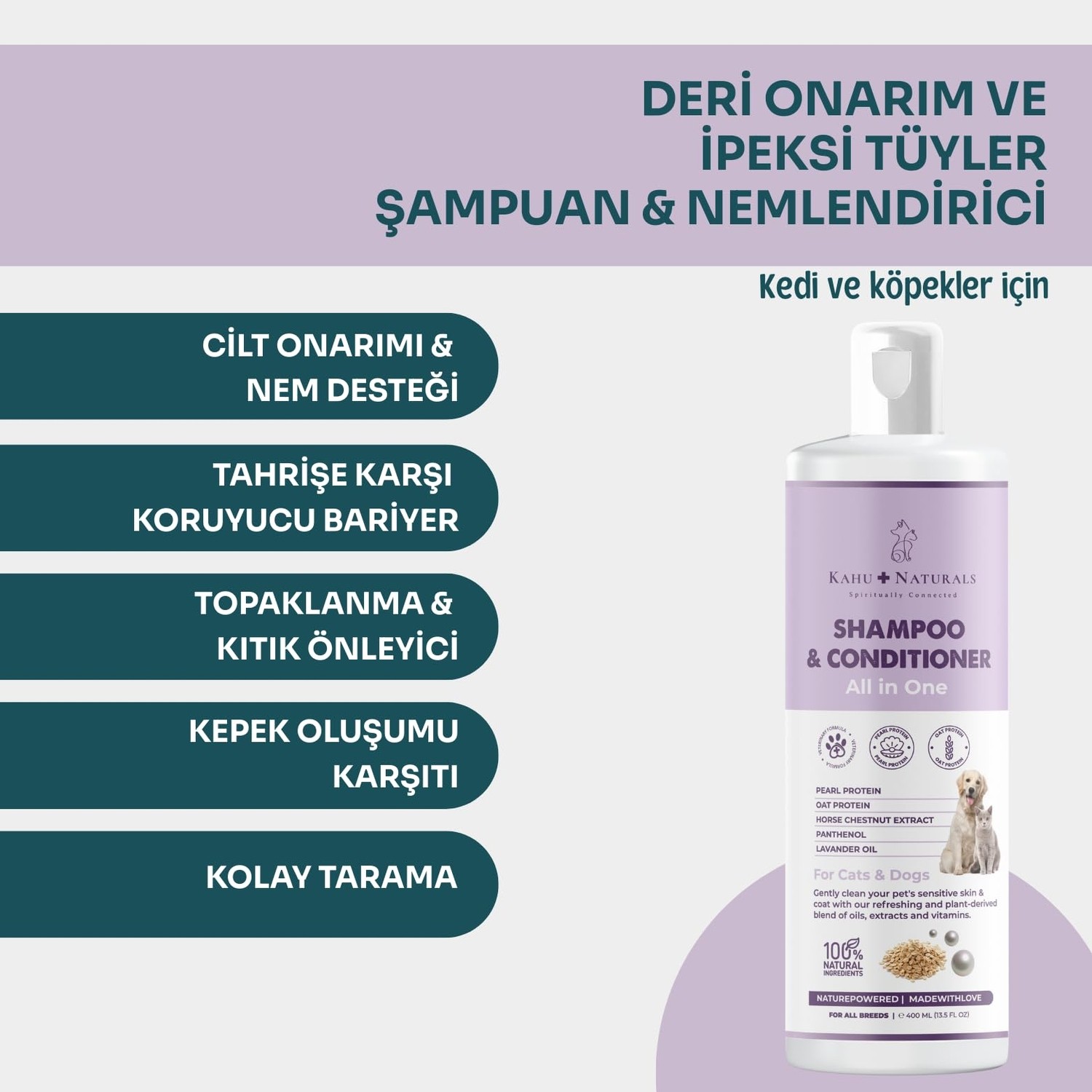 Aesco Kahu Naturals All In One Şampuan Nemlendirici, Köpek ve Kedi, Inci ve Yulaf Proteini, At Kestanesi, PANTENOL,%100 Doğal, 400 ml görsel 2