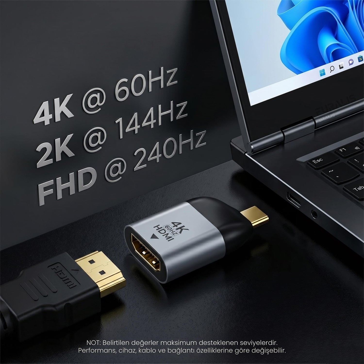 Die Grup Furalis Type-C To HDMI 2.0 Çevirici Mini Adaptör - 4k'ya Kadar Destek - Usb-C'den HDMI Görüntü Dönüştürücü - Alüminyum Gövde - Laptop Tablet Telefon Uyumlu - Tak Çalıştır görsel 2