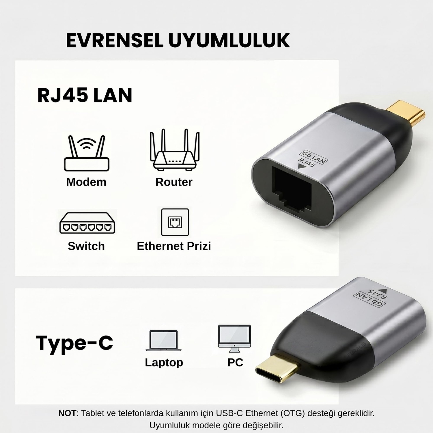Die Grup Furalis Type-C To Ethernet Çevirici Mini Adaptör - 1000 Mbps'e Kadar Hız - Usb-C'den RJ45 Gigabit Lan Dönüştürücü - Alüminyum Gövde - Windows/macos/linux Uyumlu - Tak Çalıştır görsel 5