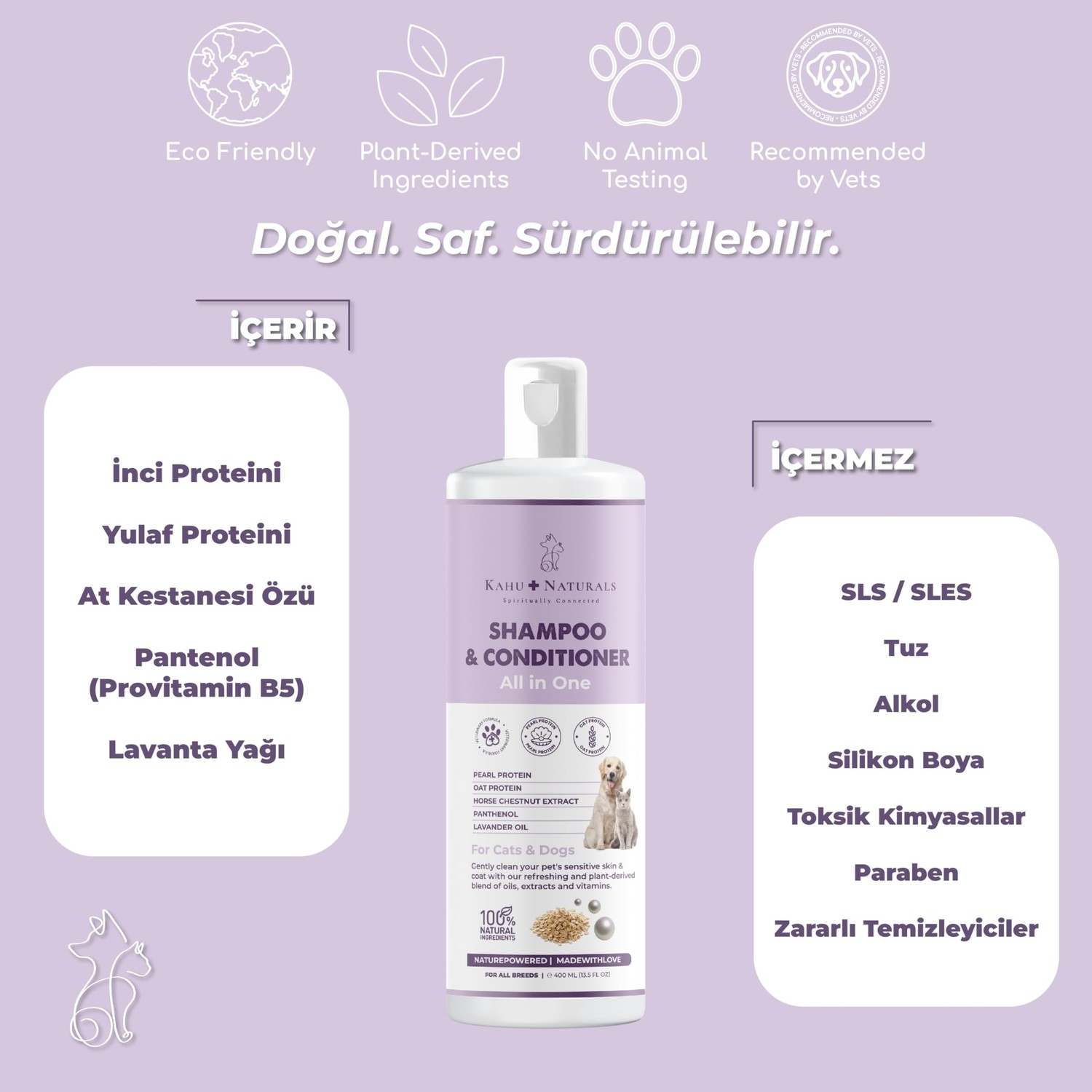 Die Grup Kahu Naturals All In One Şampuan Nemlendirici, Köpek ve Kedi, Inci ve Yulaf Proteini, At Kestanesi, PANTENOL,%100 Doğal, 400 ml görsel 4