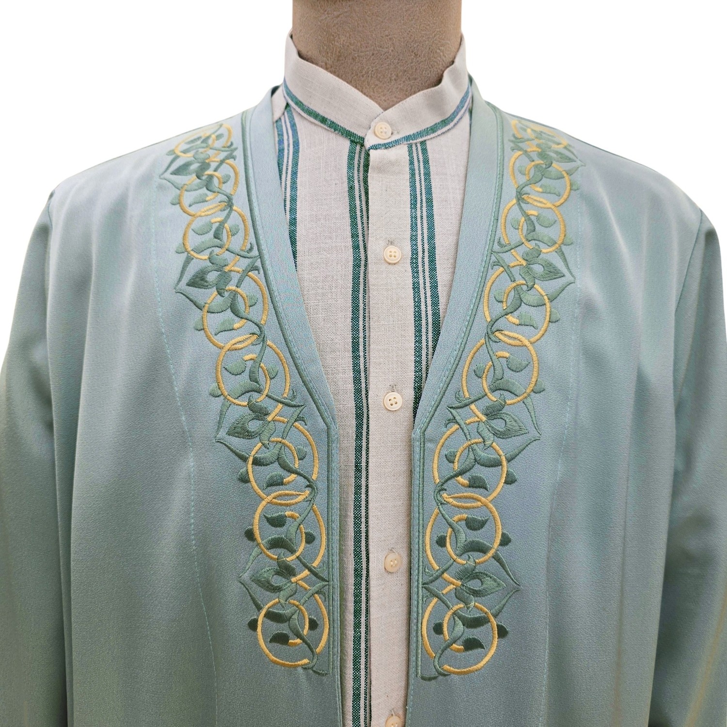 Yaser Giyim Buhara Yaka Nakışlı Cübbe - Mint Yeşili - Gold Nakış görsel 2