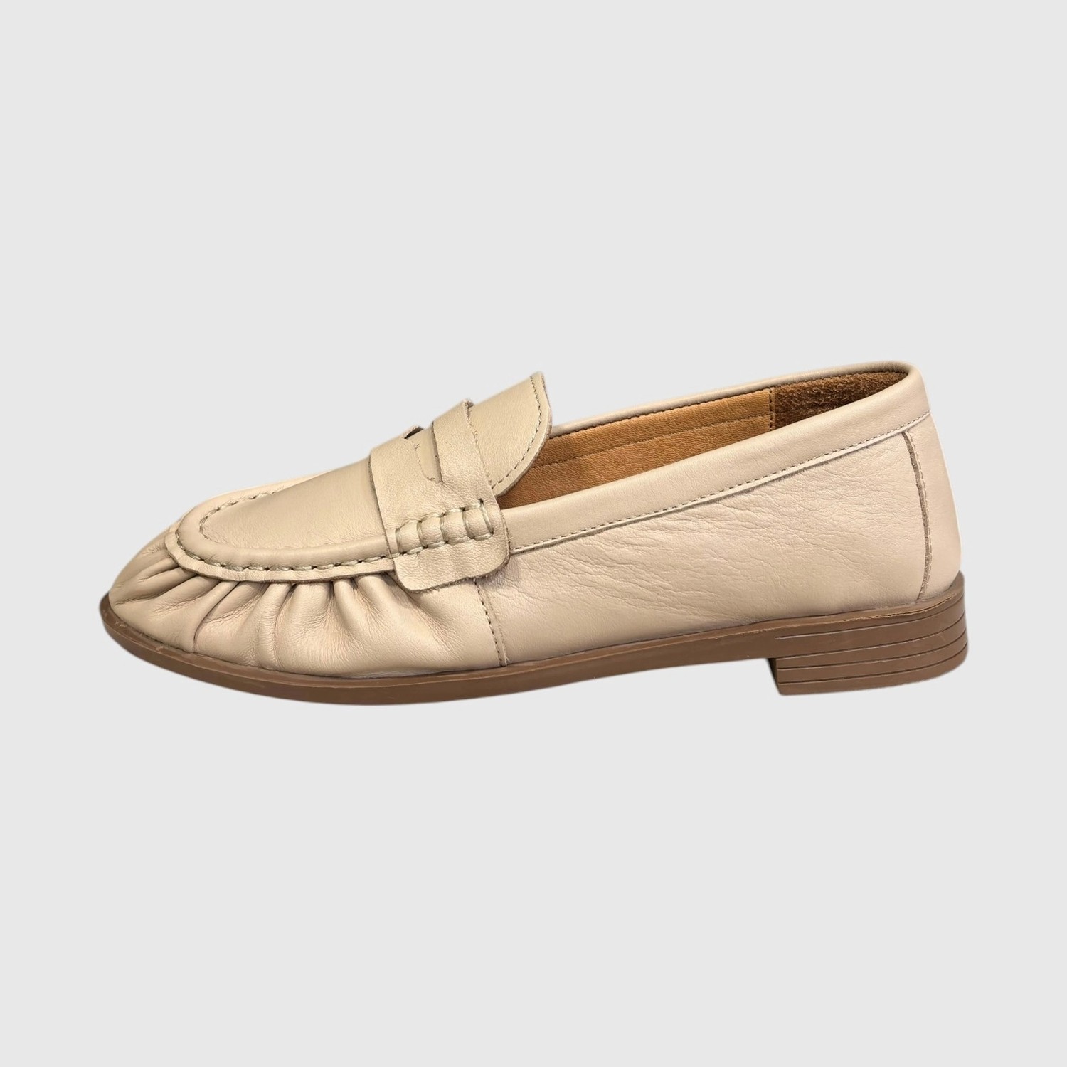 Myfit Shoes 614 Kadın Hakiki Deri Büzgülü Günlük Loafer Ayakkabı Bej görsel 2