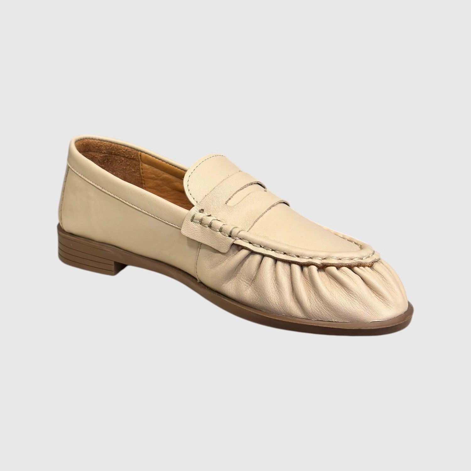 Myfit Shoes 614 Kadın Hakiki Deri Büzgülü Günlük Loafer Ayakkabı Bej görsel 3