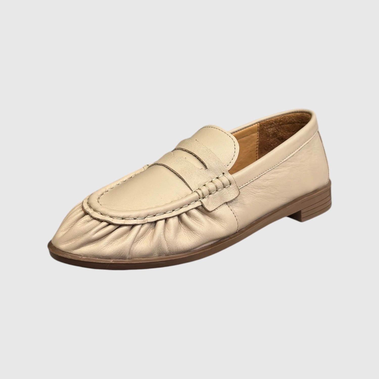 Myfit Shoes 614 Kadın Hakiki Deri Büzgülü Günlük Loafer Ayakkabı Bej görsel 4