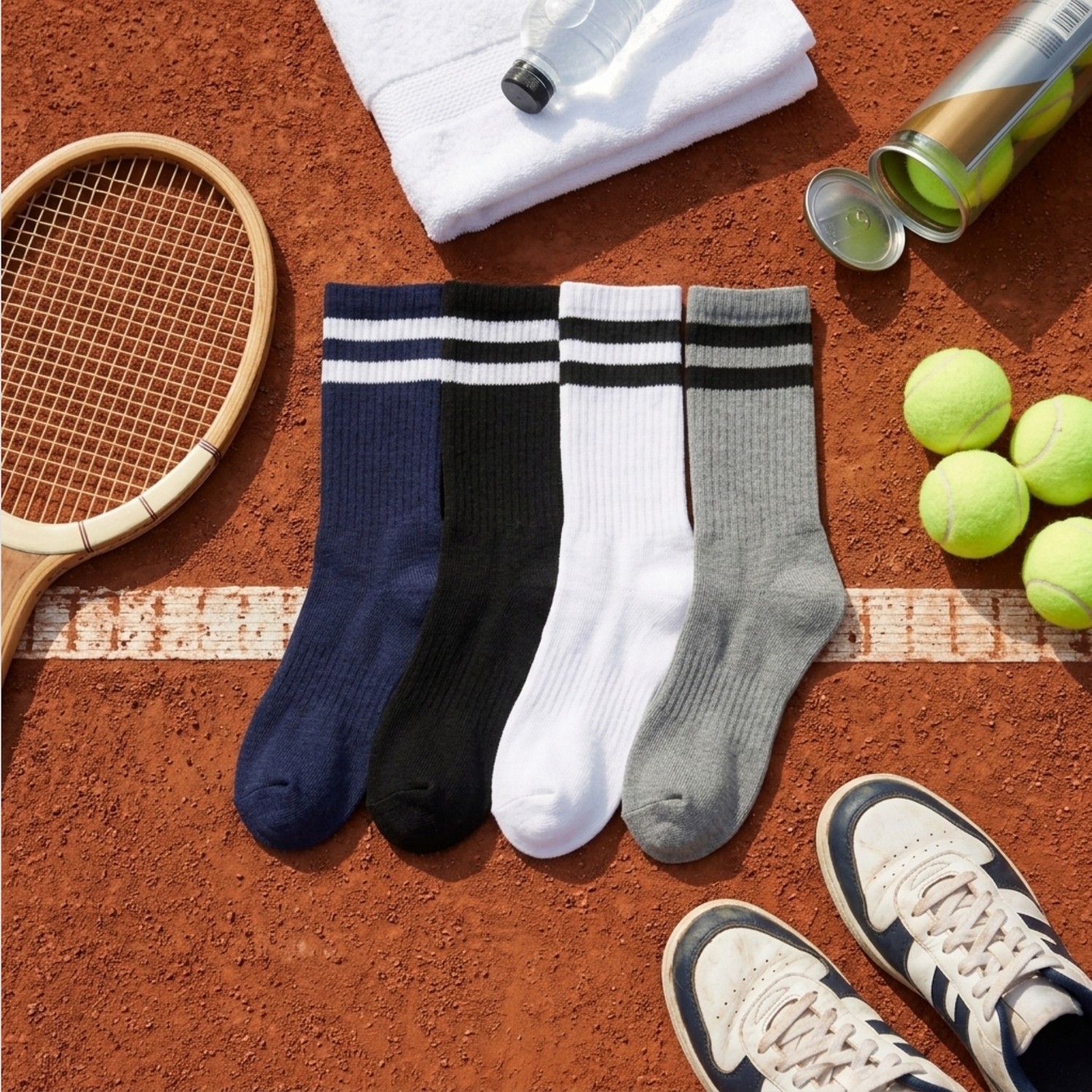 Socketta 3'lü Beyaz Erkek Spor Pamuk Dikişsiz Çizgili Havlu Taban Soket Tenis Çorabı - Premium görsel 2