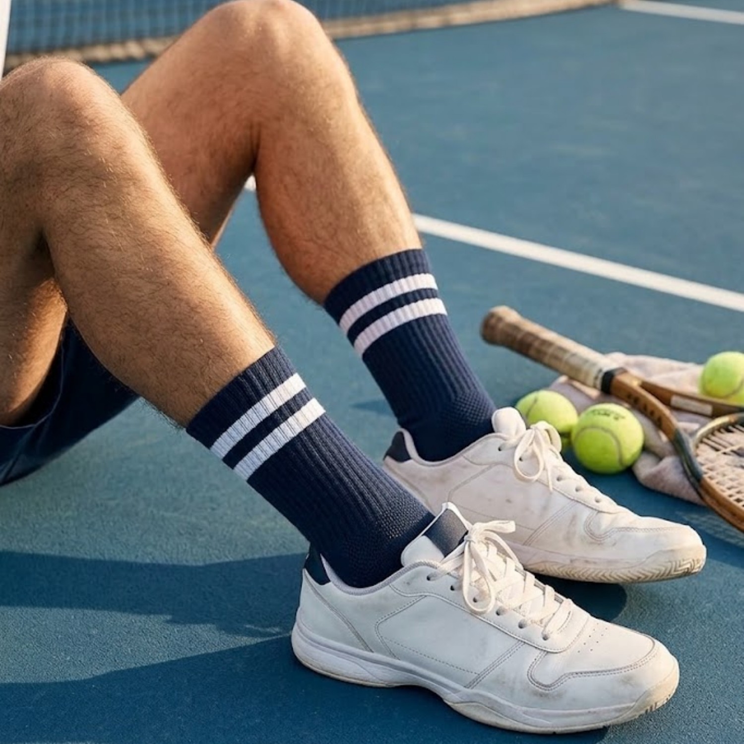 Socketta 3'lü Beyaz Erkek Spor Pamuk Dikişsiz Çizgili Havlu Taban Soket Tenis Çorabı - Premium görsel 4