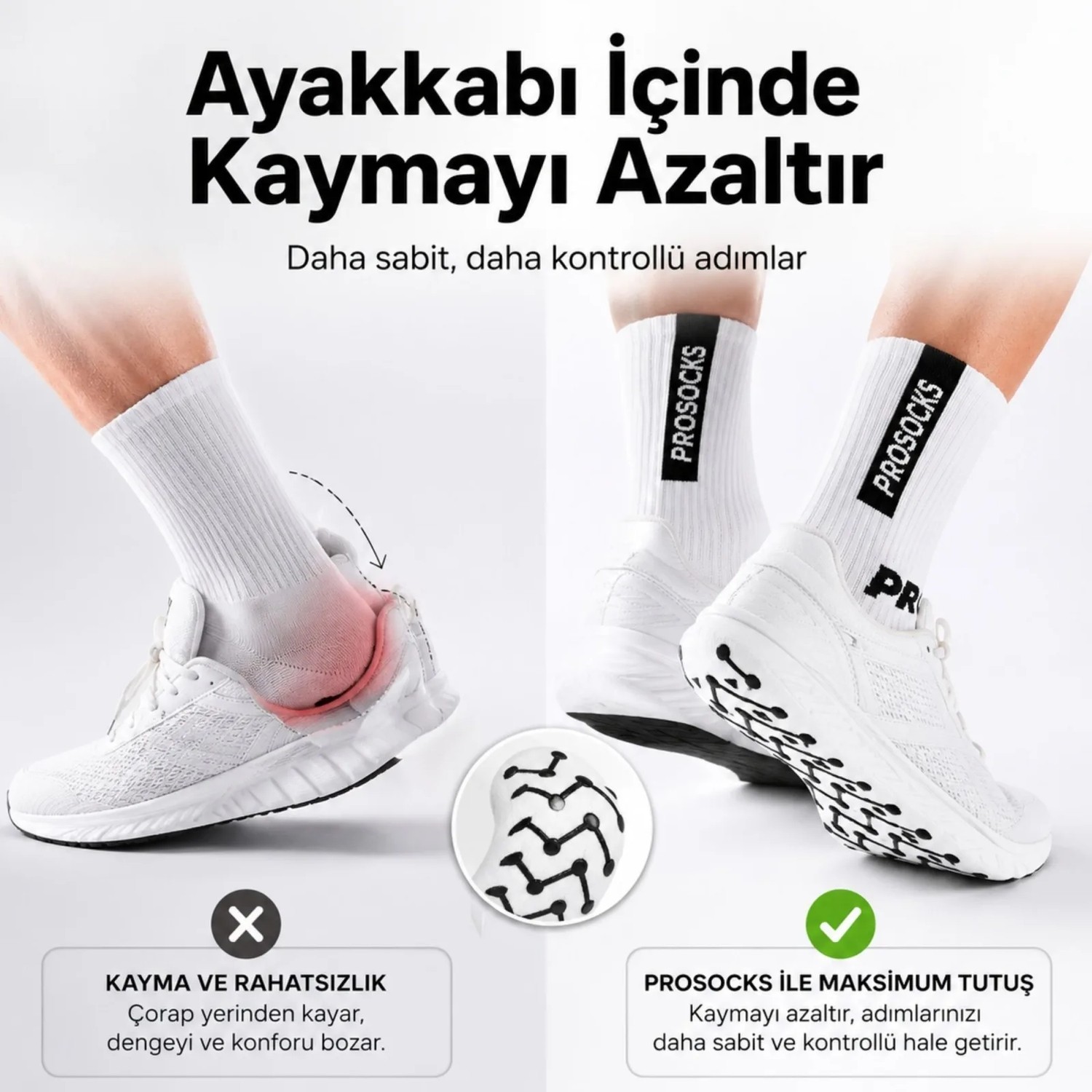 Wak Kaydırmaz Spor 3'lü Çorabı Beyaz | Nefes Alan, Bilek Destekli, Güçlü Tutuşlu Performans Çorabı görsel 8