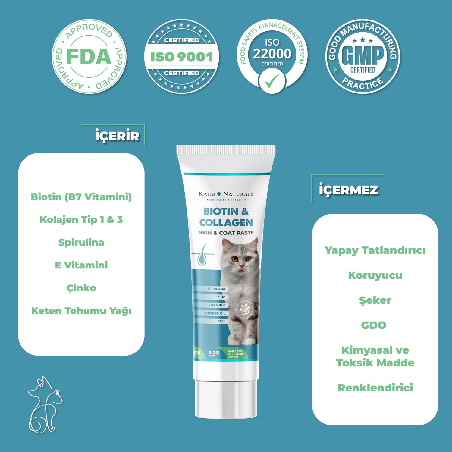 Die Grup Kahu Naturals Biyotin & Kolajen Deri ve Tüy Sağlığı Kedi Maltı, Spirulina Içerikli, Tüy Dökülme Karşıtı 100 ml görsel 4