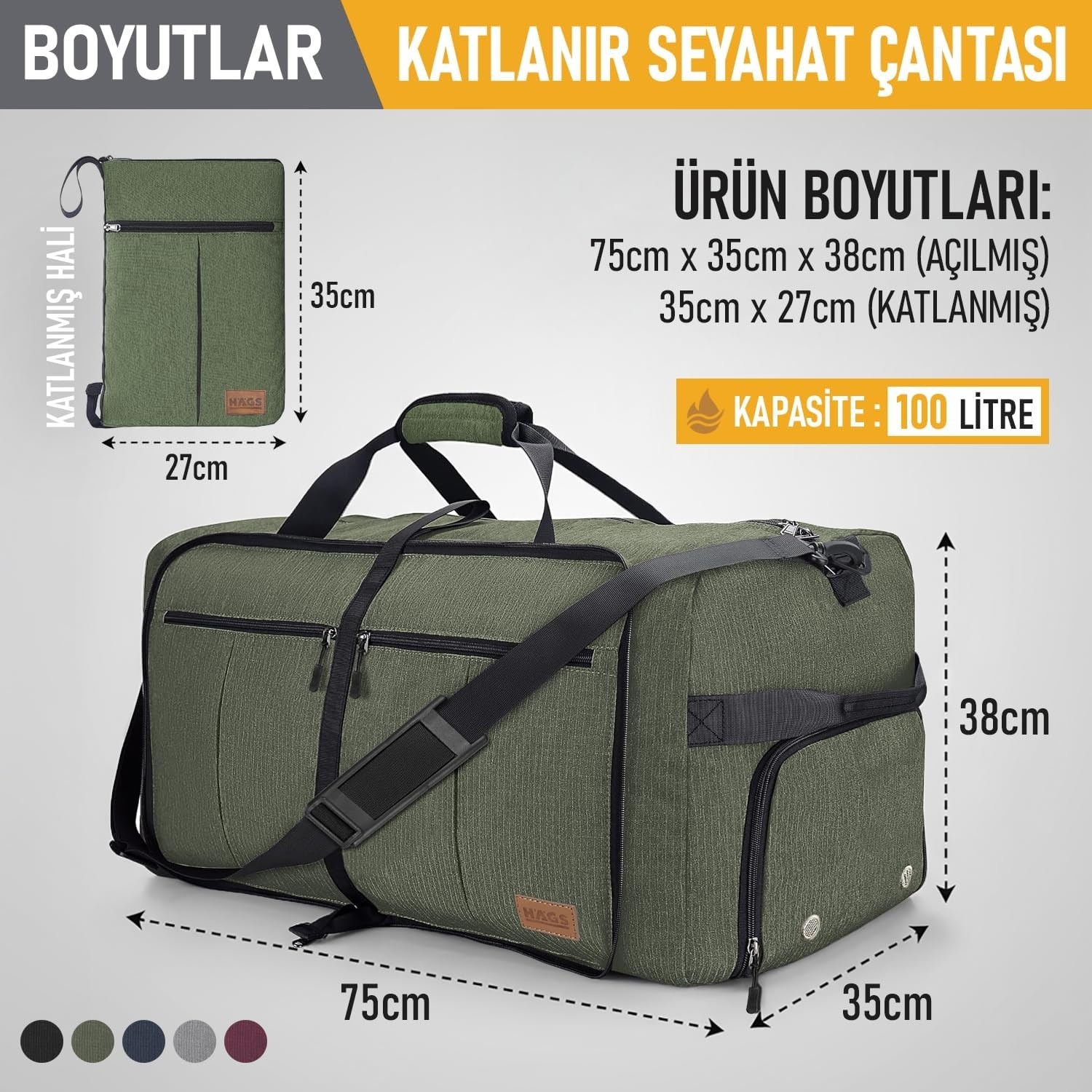 Happy Trend Katlanabilir Seyahat Çantası, Bavul Valiz Büyük Boy El Bagajı Çantası Erkek ve Kadın Için, Ayakkabı Bölmeli Hafta Sonu Geceleme, Seyahat, Kamp Için Katlanır Çanta 100L - Haki görsel 2
