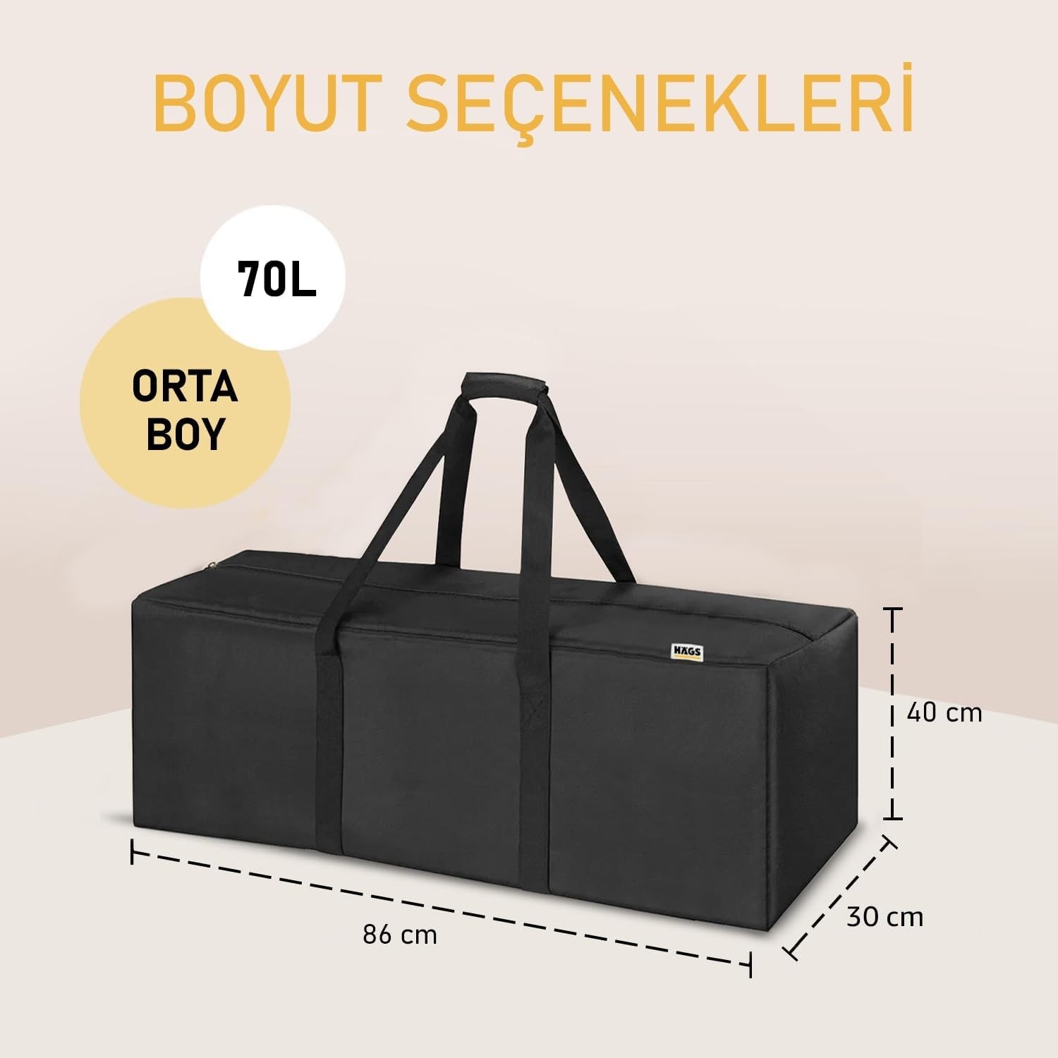 Happy Trend Taşıma Çantası, Fermuarlı Dayanıklı Seyahat Spor, Bagaj, Kamp Malzemeleri Saklama Çantası, 70L Extra Orta Boy - Siyah görsel 3