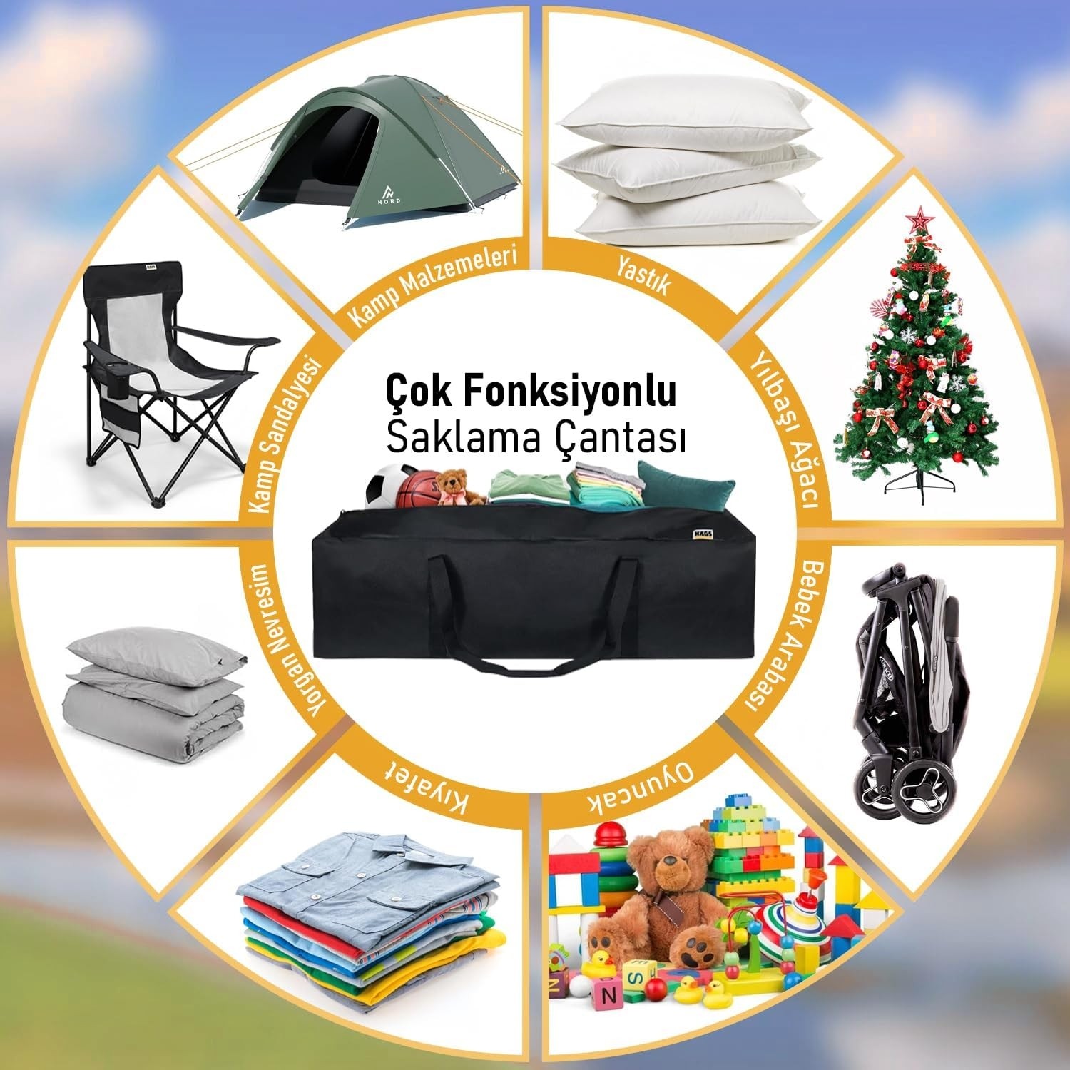 Happy Trend Taşıma Çantası, Fermuarlı Dayanıklı Seyahat Spor, Kamp Malzemeleri Saklama Çantası, Hurç, Valiz, 95L (105 x 25 x 36 Cm) - Siyah görsel 3