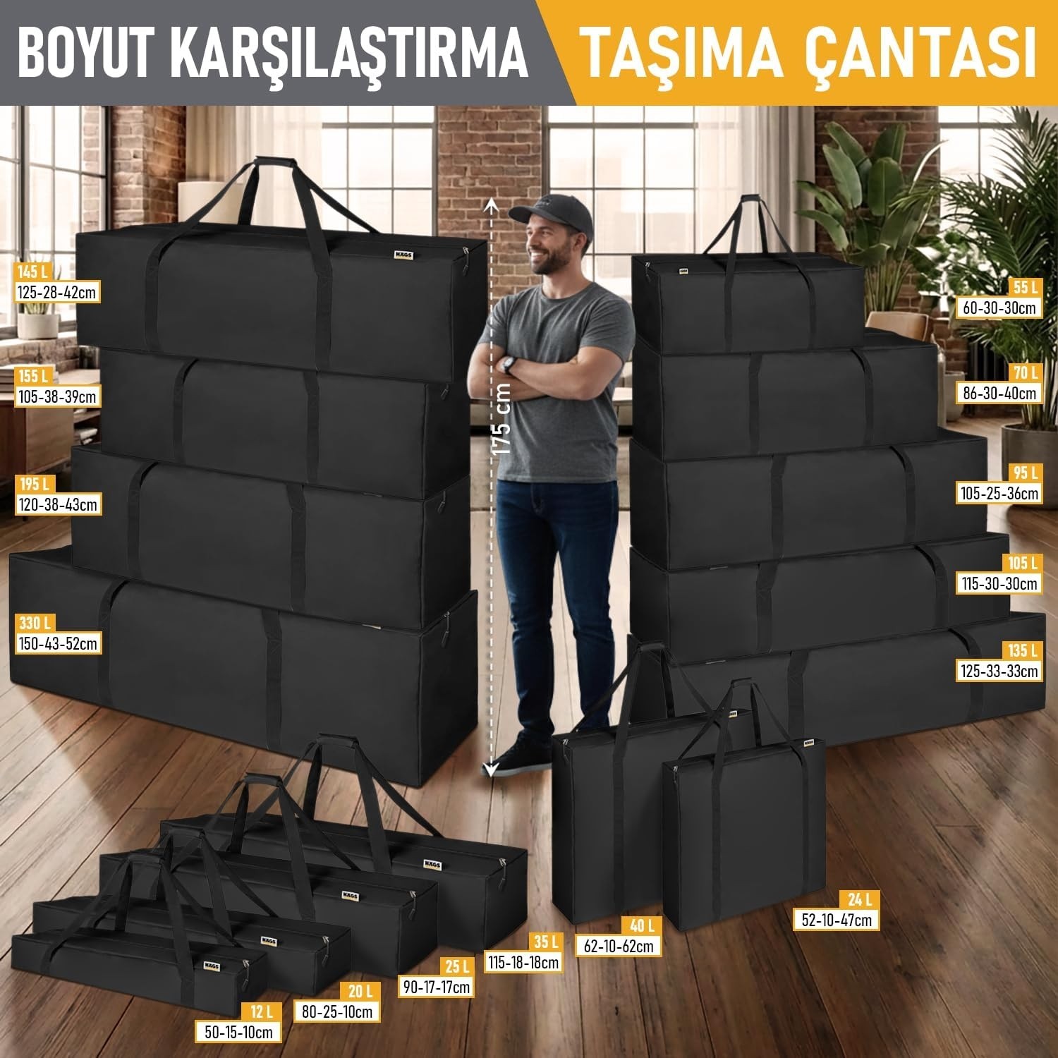 Happy Trend Taşıma Çantası, Fermuarlı Dayanıklı Seyahat Spor, Kamp Malzemeleri Saklama Çantası, Hurç, Valiz, 95L (105 x 25 x 36 Cm) - Siyah görsel 4