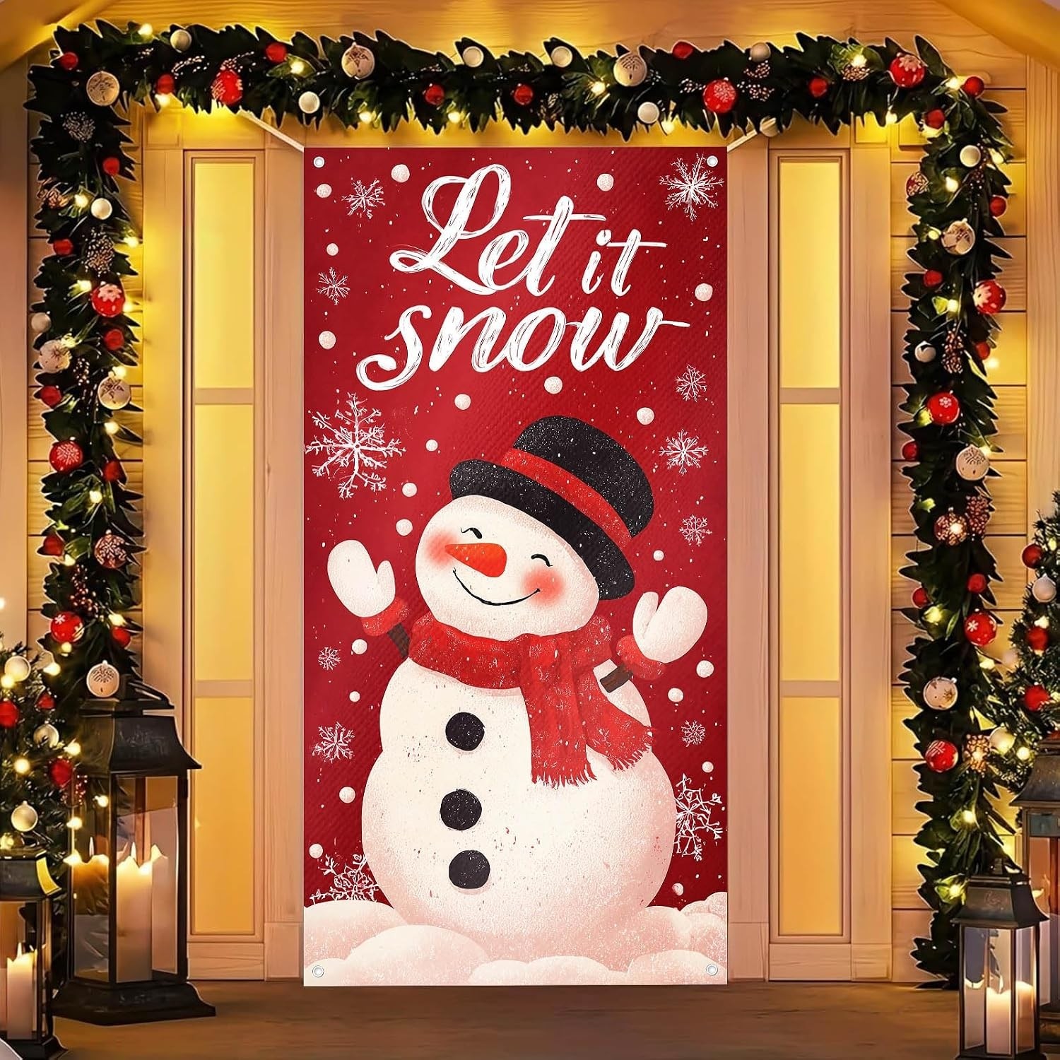 TeknoKapsül Blissyard Merry Christmas Kapı Örtüsü 171 x 71 cm Tatil Ön Sundurma Kapı Afiş Dekorasyon Kış Kırmızı Kardan Adam Siyah Şapka Eşarp ile Let It Snow Teması Tatil Partisi Iç Mekan Dış Mekan Dekoru
