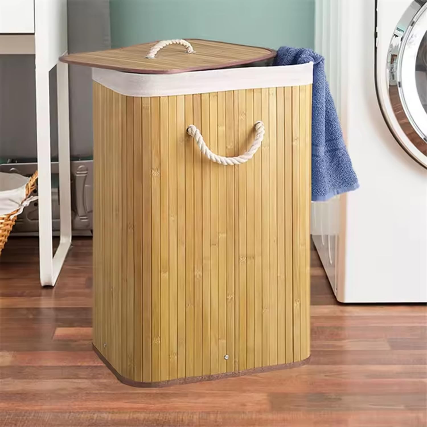 OEM Ekolojik Bambu Çok Amaçlı Saklama Sepeti, Pamuk Bez Iç Astarlı, Kapaklı ve Halat Saplı Modern ve Minimalist Tasarım (Ikili) görsel 4