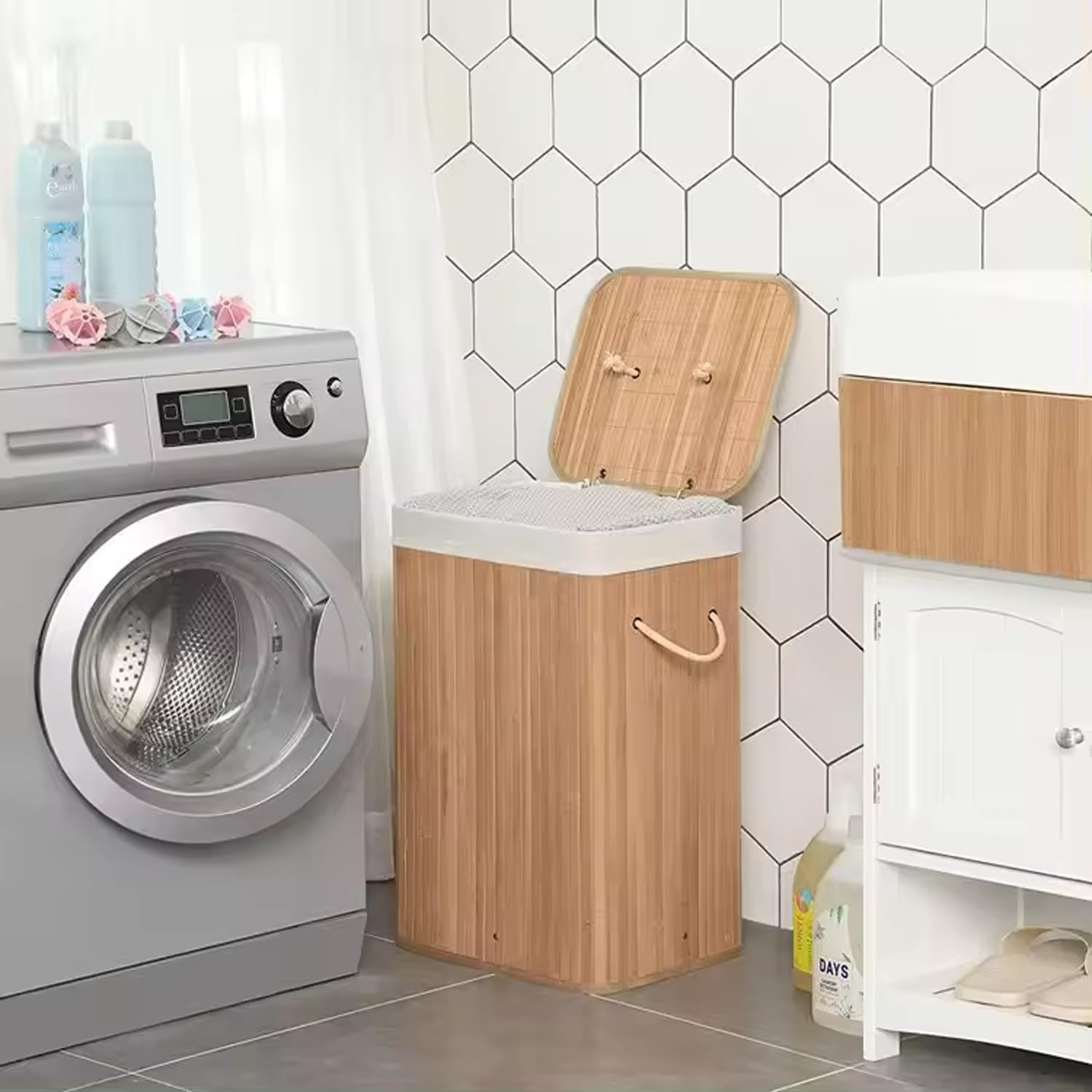 OEM Ekolojik Bambu Çok Amaçlı Saklama Sepeti, Pamuk Bez Iç Astarlı, Kapaklı ve Halat Saplı Modern ve Minimalist Tasarım (Ikili) görsel 5