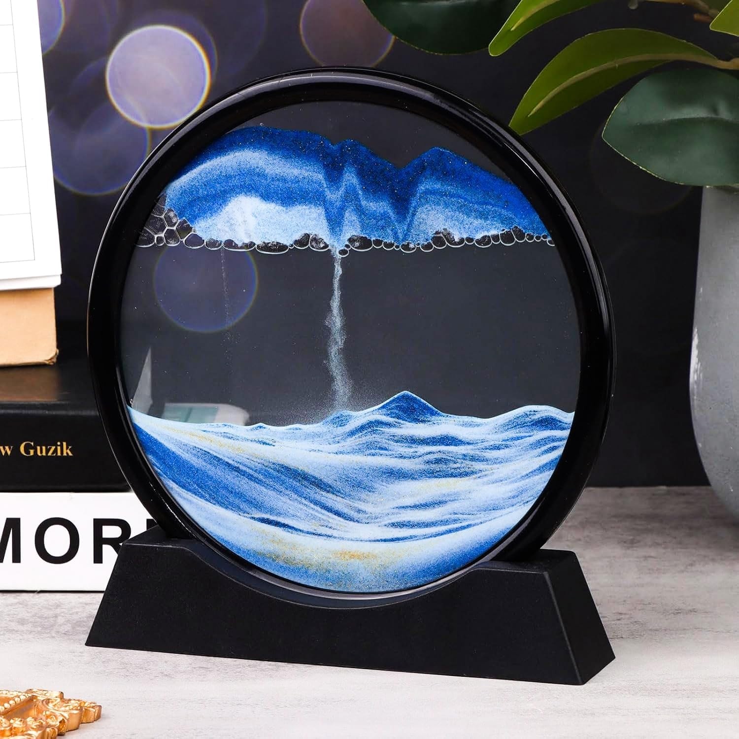 Özkaya Store Hareketli 3D Kum Saati 30CM Büyük Boy Mavi Yuvarlak 12INCH Cam Dekoratif Sanatsal Rahatlatıcı