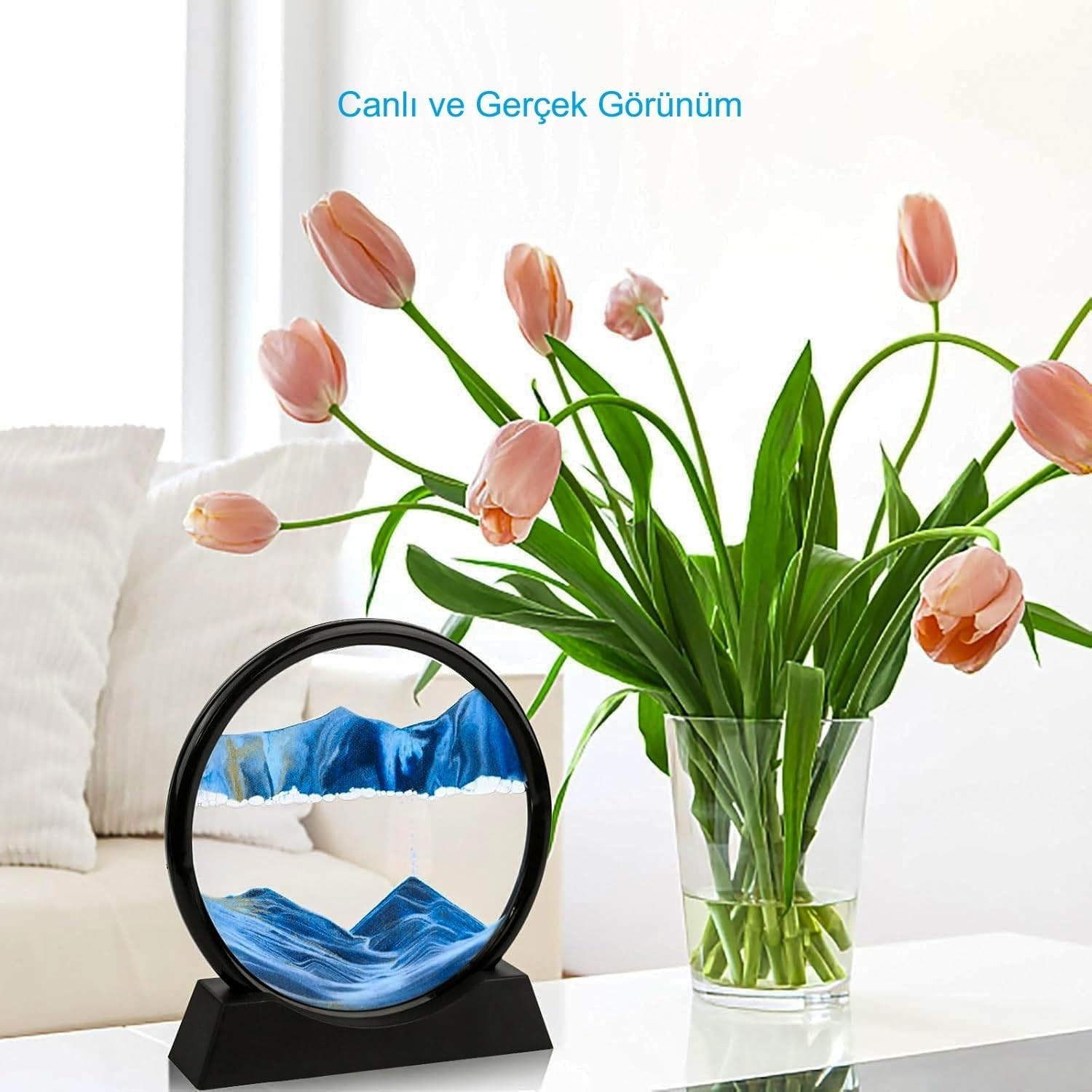Özkaya Store Hareketli 3D Kum Saati 30CM Büyük Boy Mavi Yuvarlak 12INCH Cam Dekoratif Sanatsal Rahatlatıcı görsel 2