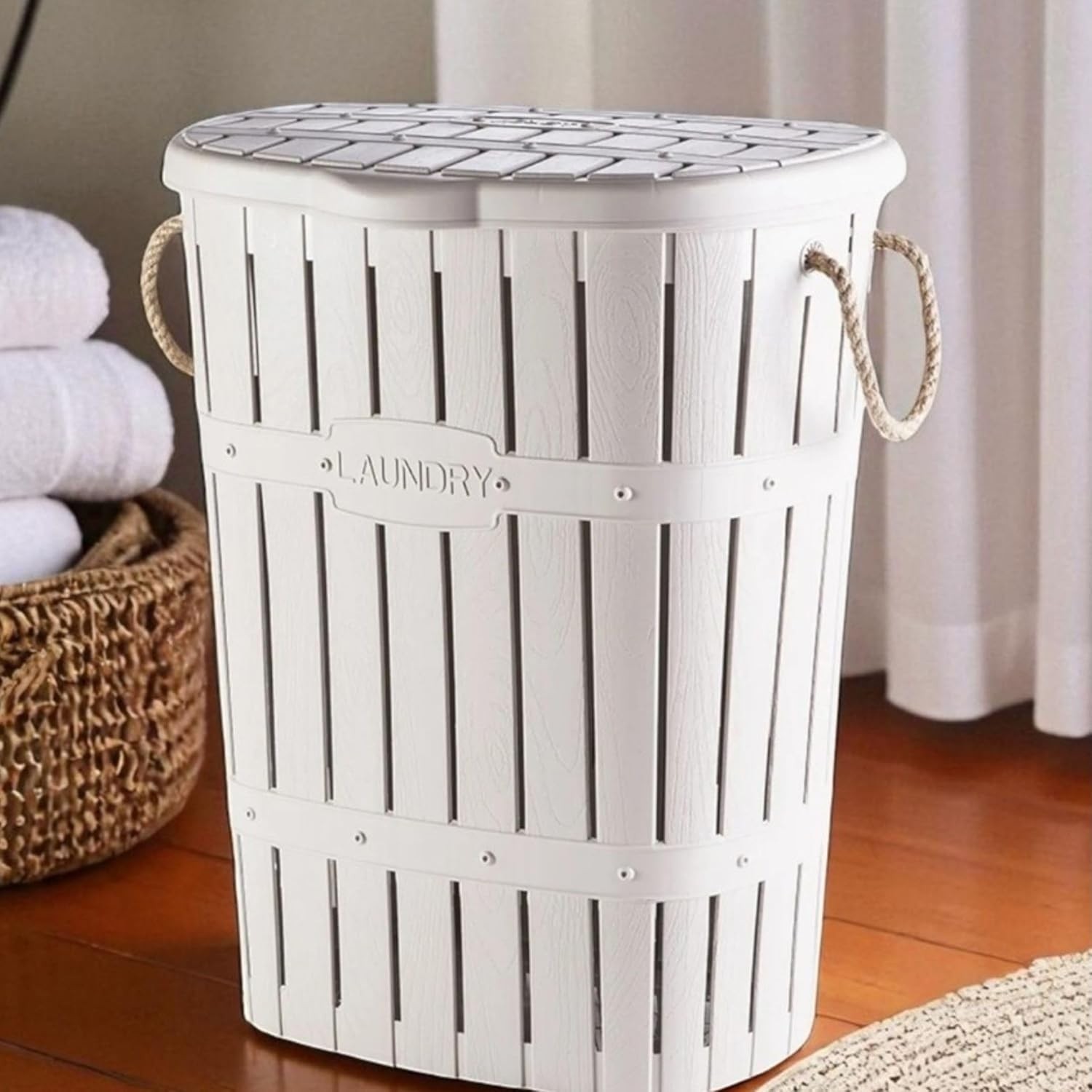 OEM Kastamonu Plastik Bambu Halatlı Kirli Çamaşır Sepeti 65 L-Beyaz görsel 4