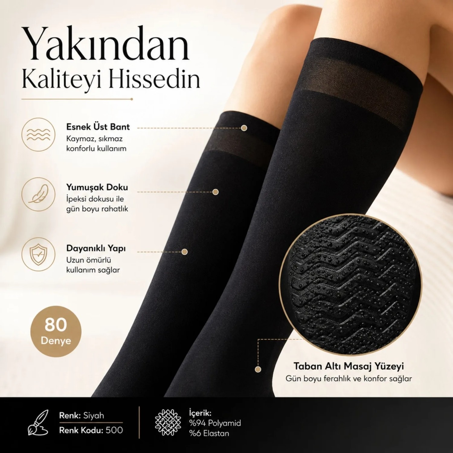 Wak Kadın 8'li Anne Masaj Tabanlı Dizaltı Çorap 80 Denye Esnek Rahat Günlük Kullanım görsel 6