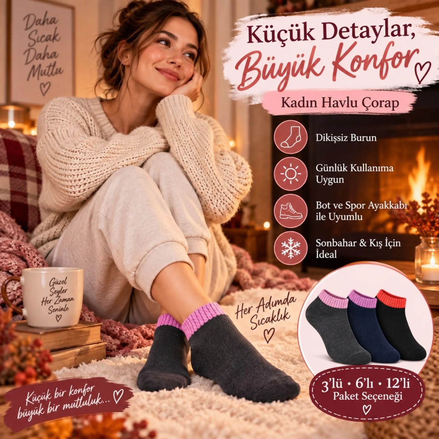 TeOra Store Kadın Havlu 3'lü Çorap Kısa Konç Dikişsiz Burun Sıcak Tutan Yumuşak Kışlık Çorap Seti görsel 2