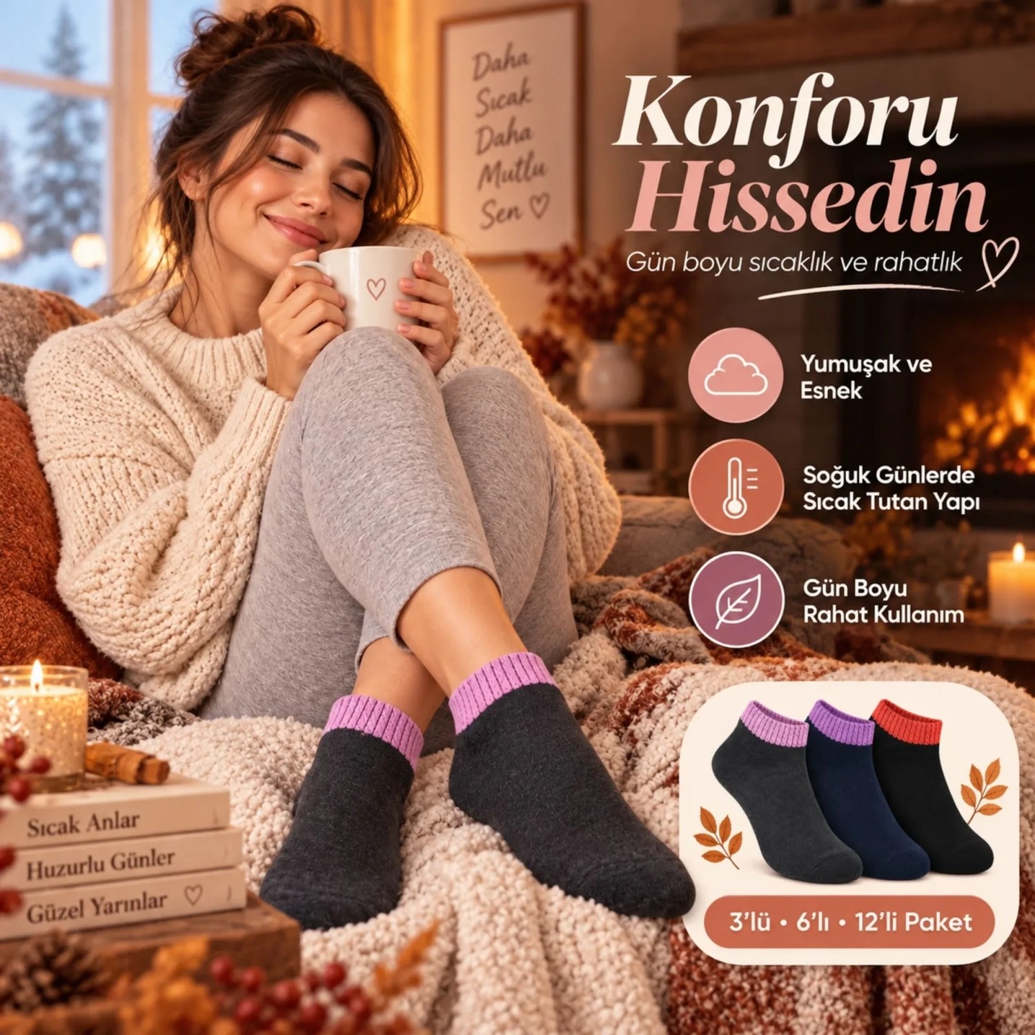 TeOra Store Kadın Havlu 3'lü Çorap Kısa Konç Dikişsiz Burun Sıcak Tutan Yumuşak Kışlık Çorap Seti görsel 3
