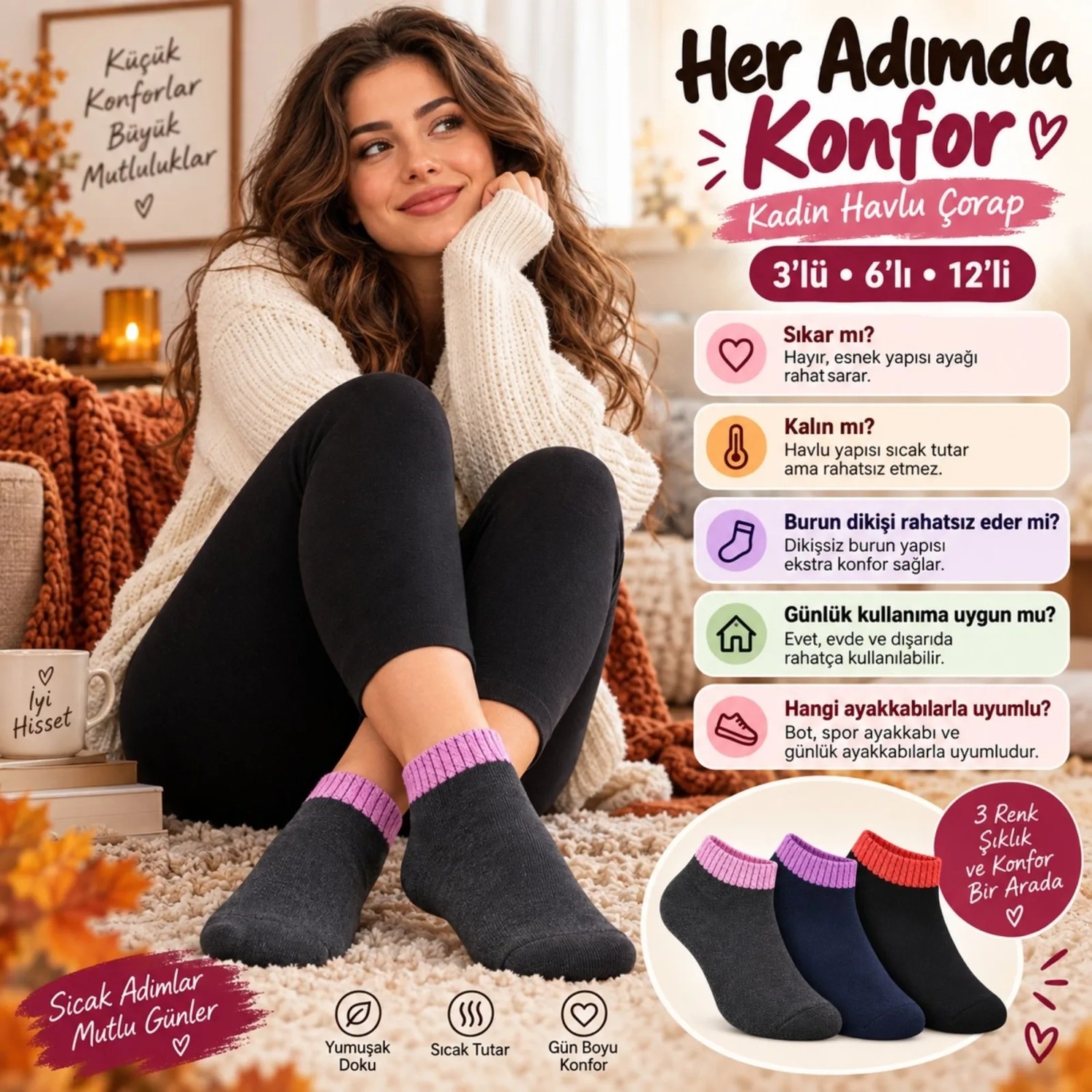 TeOra Store Kadın Havlu 3'lü Çorap Kısa Konç Dikişsiz Burun Sıcak Tutan Yumuşak Kışlık Çorap Seti görsel 5