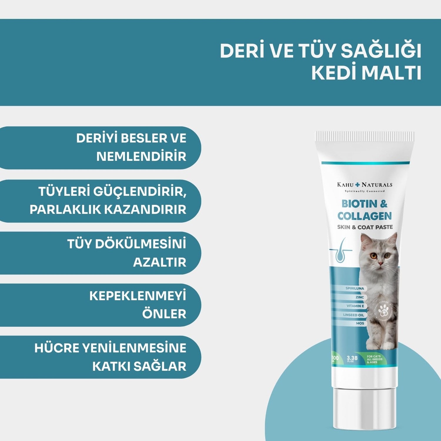 Aesco Kahu Naturals Biyotin & Kolajen Deri ve Tüy Sağlığı Kedi Maltı, Spirulina Içerikli, Tüy Dökülme Karşıtı 100 ml görsel 2
