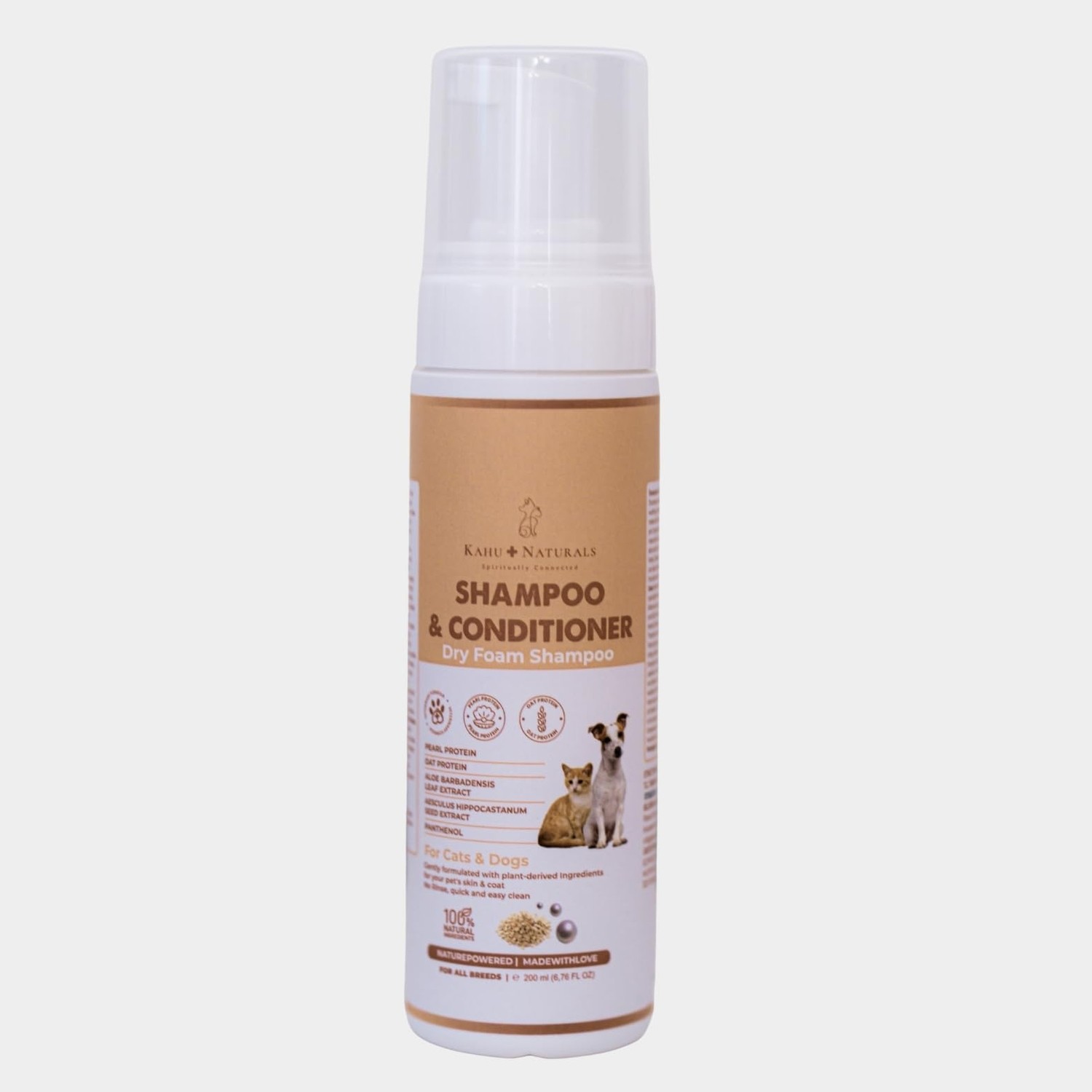 Aesco Kuru Köpük Şampuan ve Nemlendirici, Durulamasız, Kolay Tarama, Kedi ve Köpek, Organik Içerikli, 200 ml
