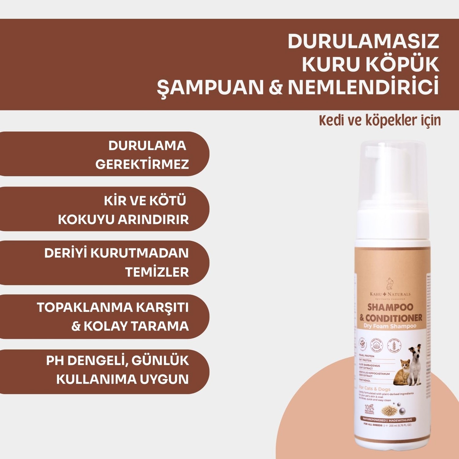 Aesco Kuru Köpük Şampuan ve Nemlendirici, Durulamasız, Kolay Tarama, Kedi ve Köpek, Organik Içerikli, 200 ml görsel 2