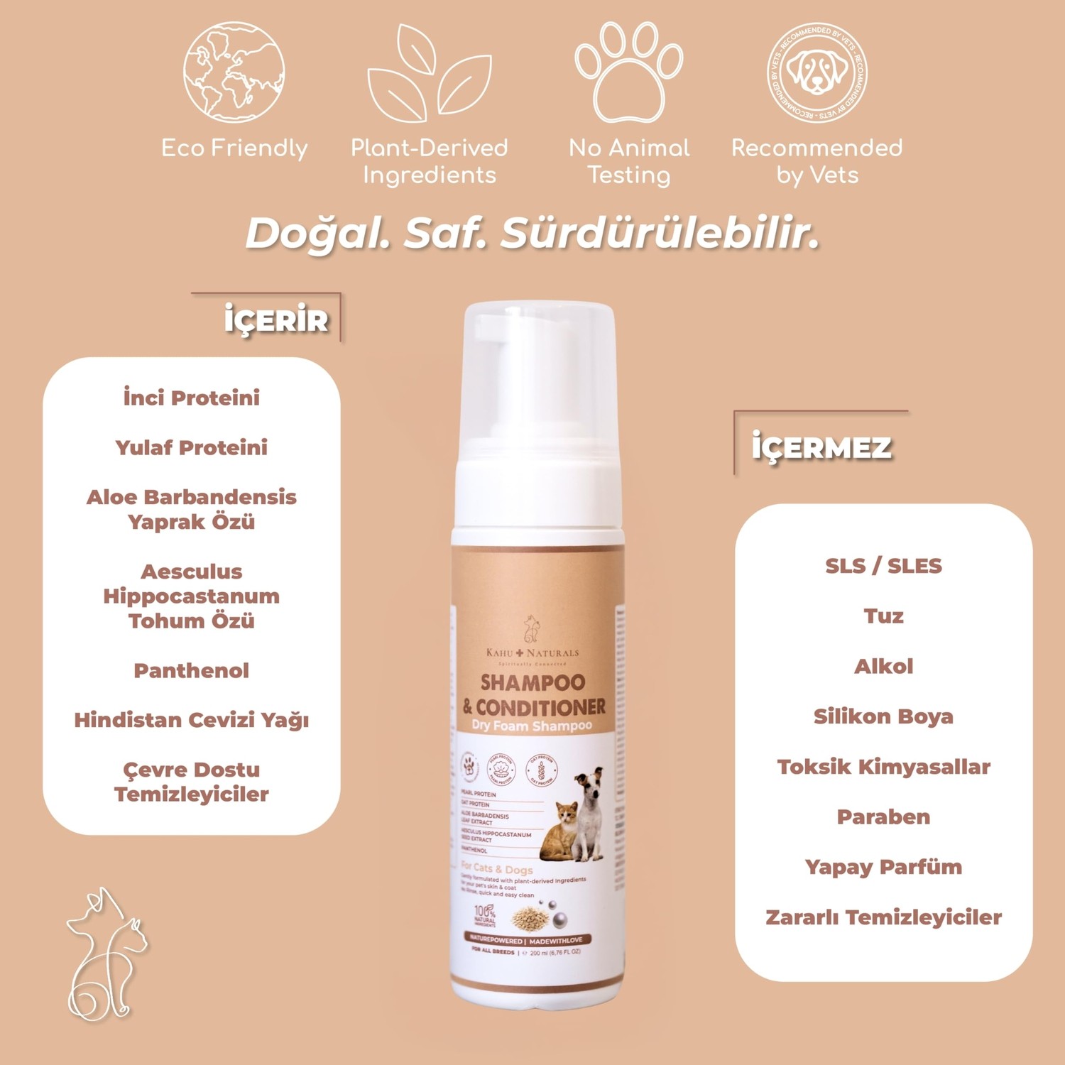 Aesco Kuru Köpük Şampuan ve Nemlendirici, Durulamasız, Kolay Tarama, Kedi ve Köpek, Organik Içerikli, 200 ml görsel 4