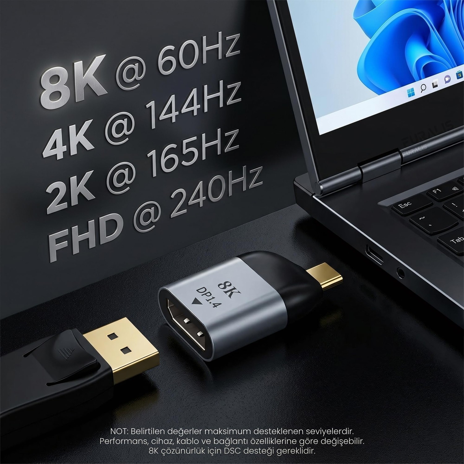 Aesco Furalis Type-C To Displayport 1.4 Çevirici Mini Adaptör - 8k'ya Kadar Destek - Usb-C'den Dp Görüntü Dönüştürücü - Alüminyum Gövde - Laptop Tablet Telefon Uyumlu - Tak Çalıştır görsel 2