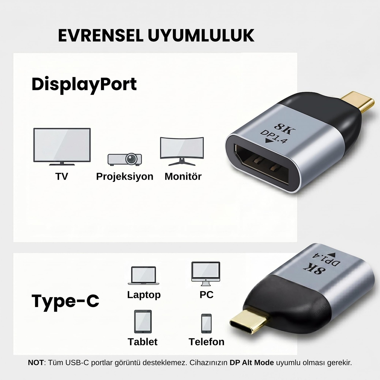 Aesco Furalis Type-C To Displayport 1.4 Çevirici Mini Adaptör - 8k'ya Kadar Destek - Usb-C'den Dp Görüntü Dönüştürücü - Alüminyum Gövde - Laptop Tablet Telefon Uyumlu - Tak Çalıştır görsel 3