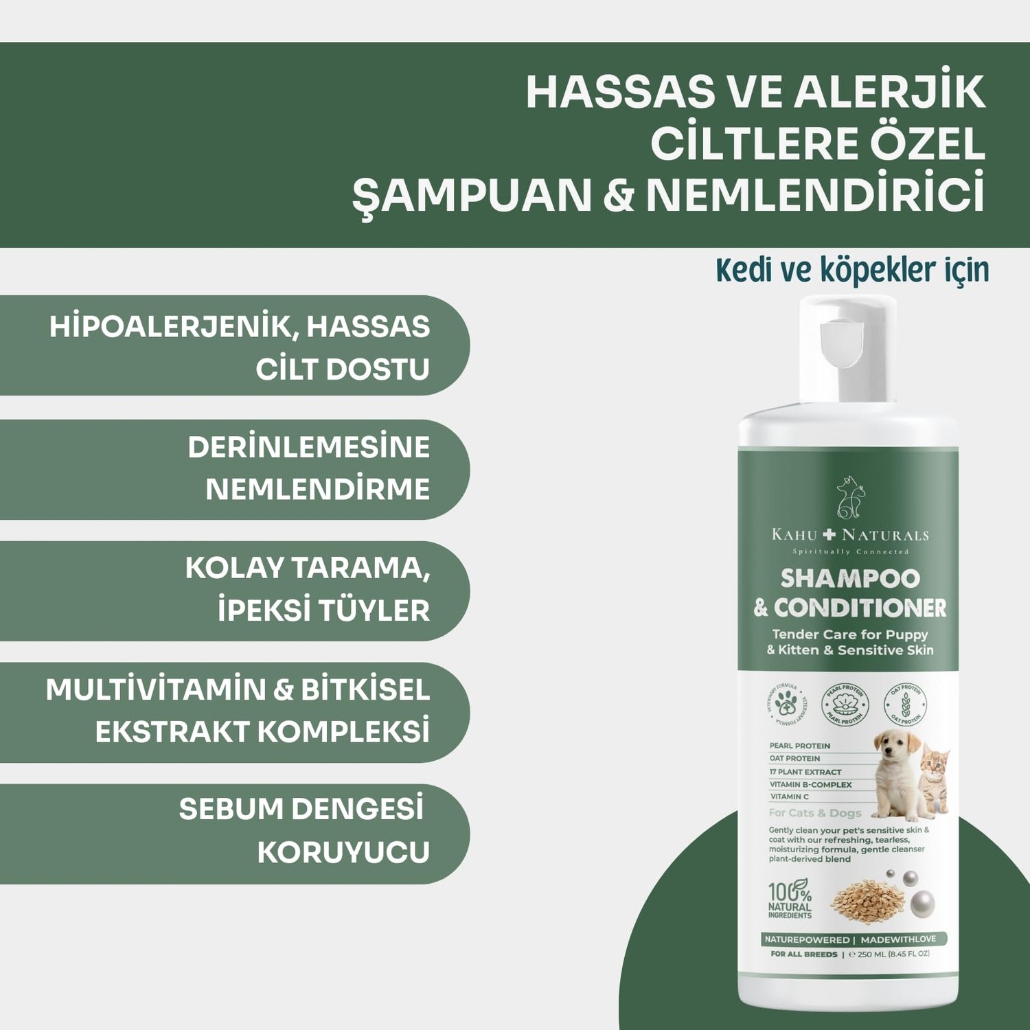 Aesco Kahu Naturals Tendercare Şampuan ve Nemlendirici, Yavru ve Hassas Cilde Sahip Kedi ve Köpekler Için, Hipoalerjenik, Bitkisel Ekstrakt, 250 ml görsel 2