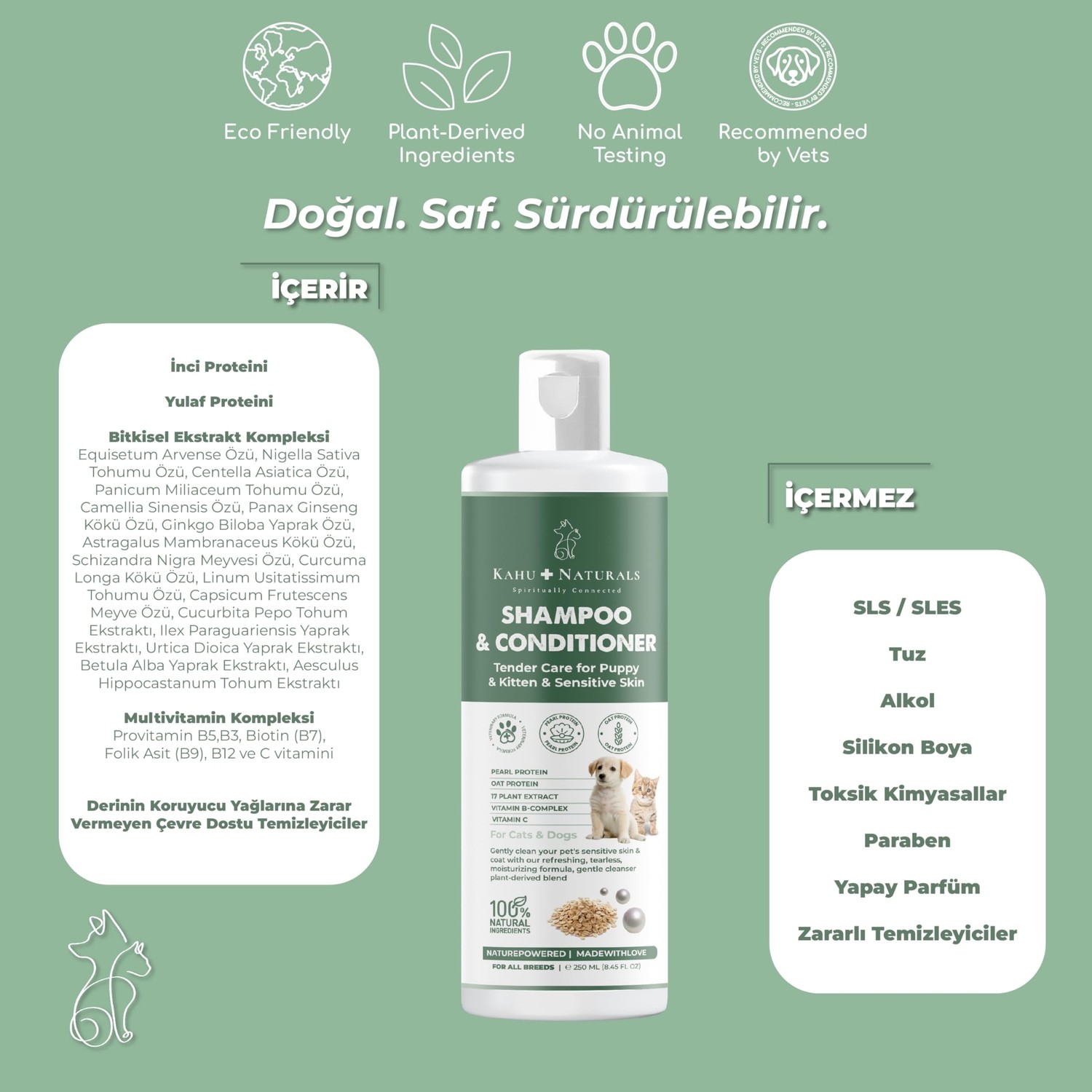 Aesco Kahu Naturals Tendercare Şampuan ve Nemlendirici, Yavru ve Hassas Cilde Sahip Kedi ve Köpekler Için, Hipoalerjenik, Bitkisel Ekstrakt, 250 ml görsel 5