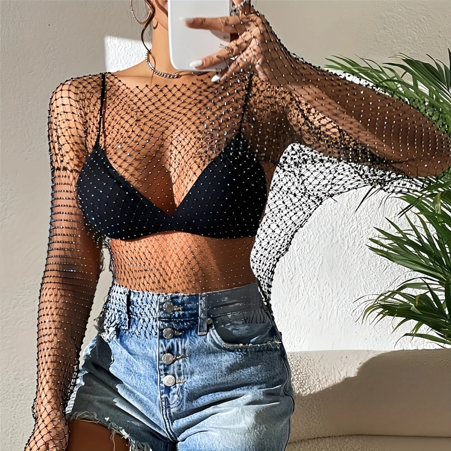 Pileli Store Siyah Kollu Bluz,kadın Gümüş Taşlı File Üst Pareo görsel 3