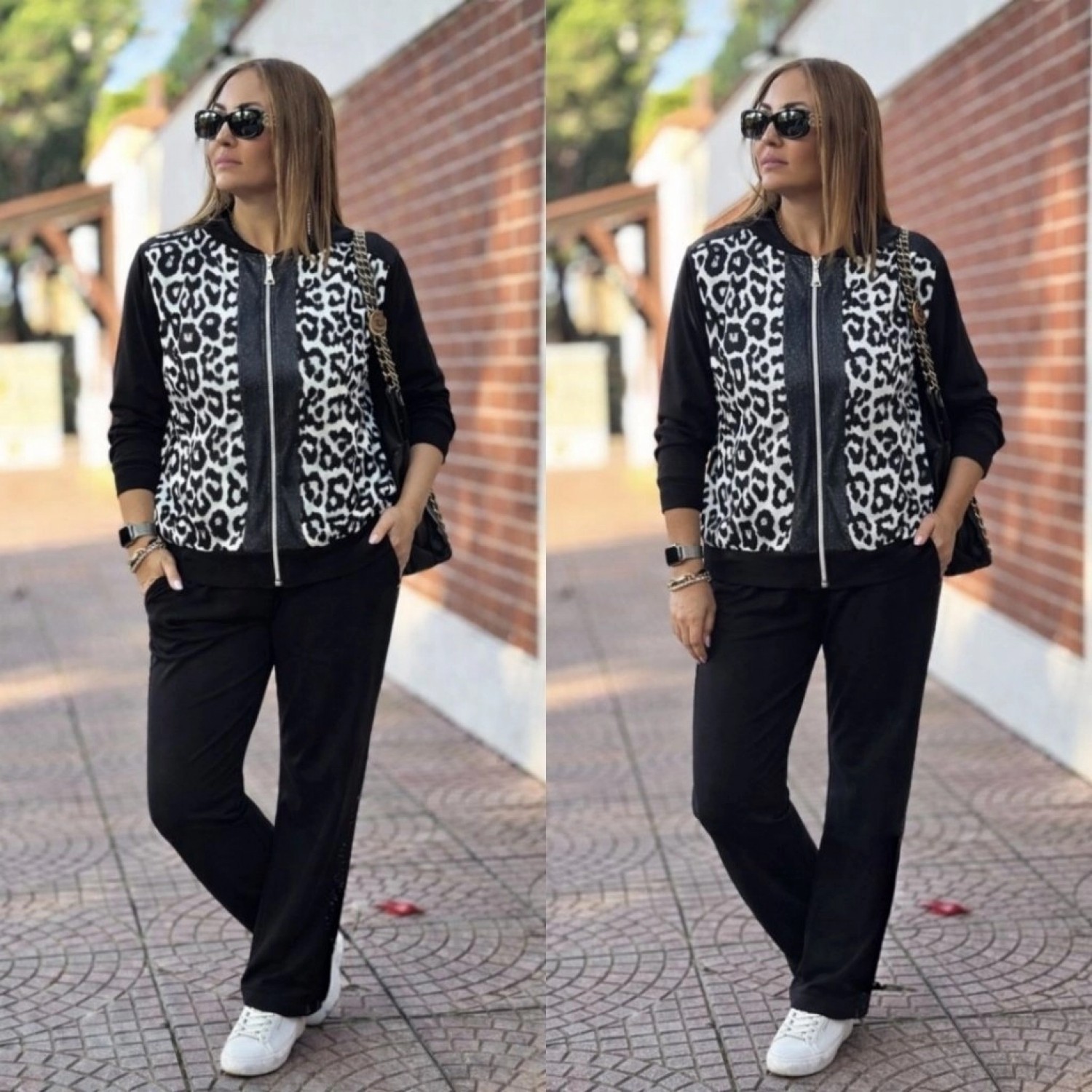 Pileli Store Kadın Uzun Kollu Önden Fermuarlı Leopar Desenli Viskon Iki Iplik Bluz ve Pantolon Ikili Takım görsel 3