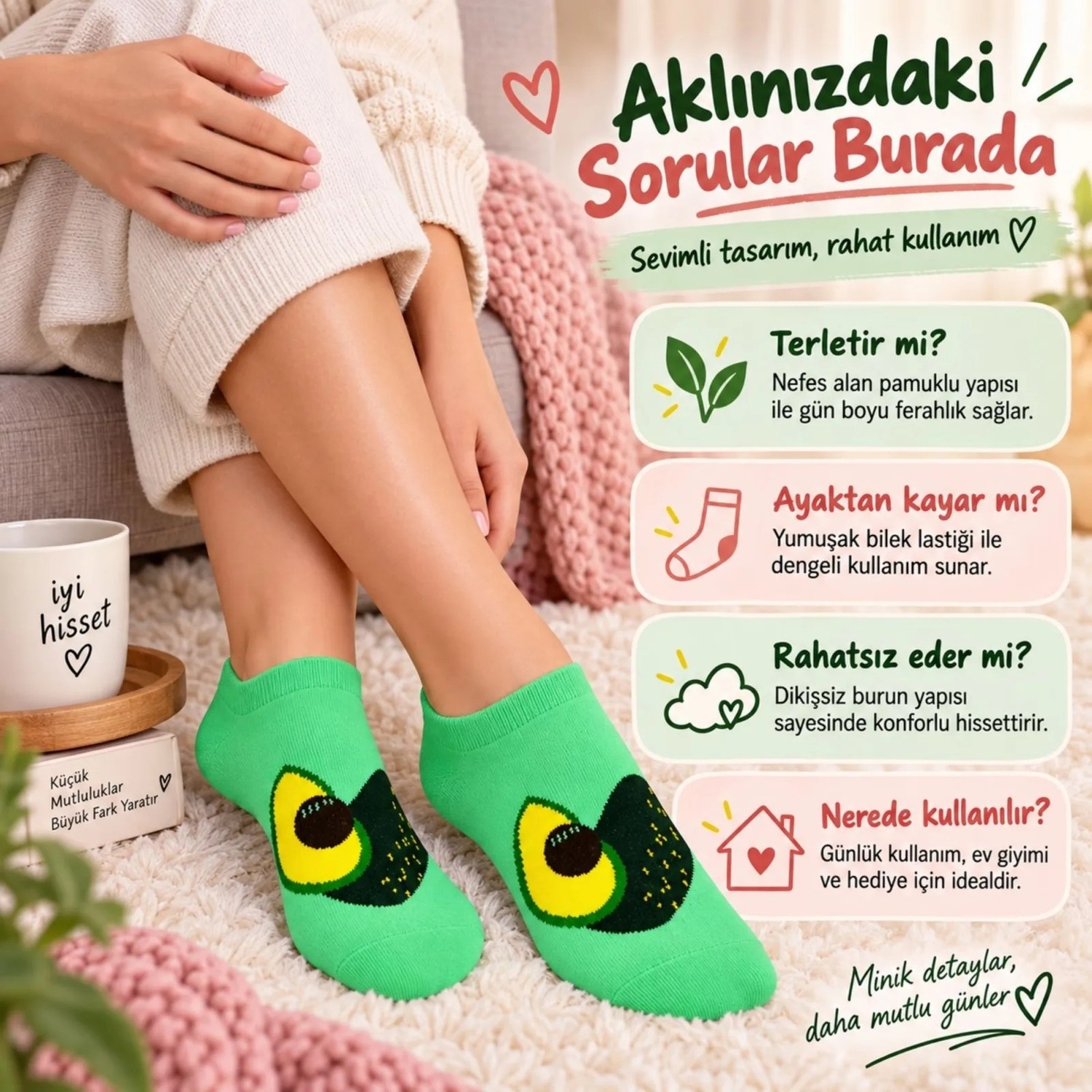 COjans Kadın Avokado 6'lı Desenli Patik Çorap Pamuklu Dikişsiz Sneaker Uyumlu Eğlenceli Günlük Çorap Seti görsel 2